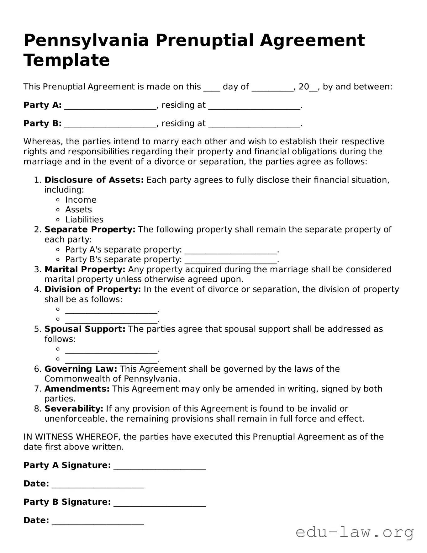 Legal  Prenuptial Agreement Template for Pennsylvania
