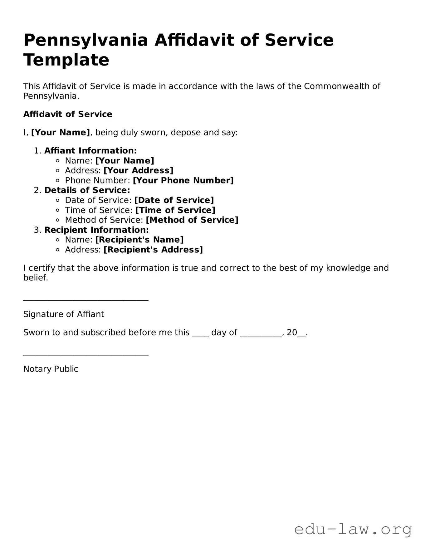 Legal  Affidavit of Service Template for Pennsylvania