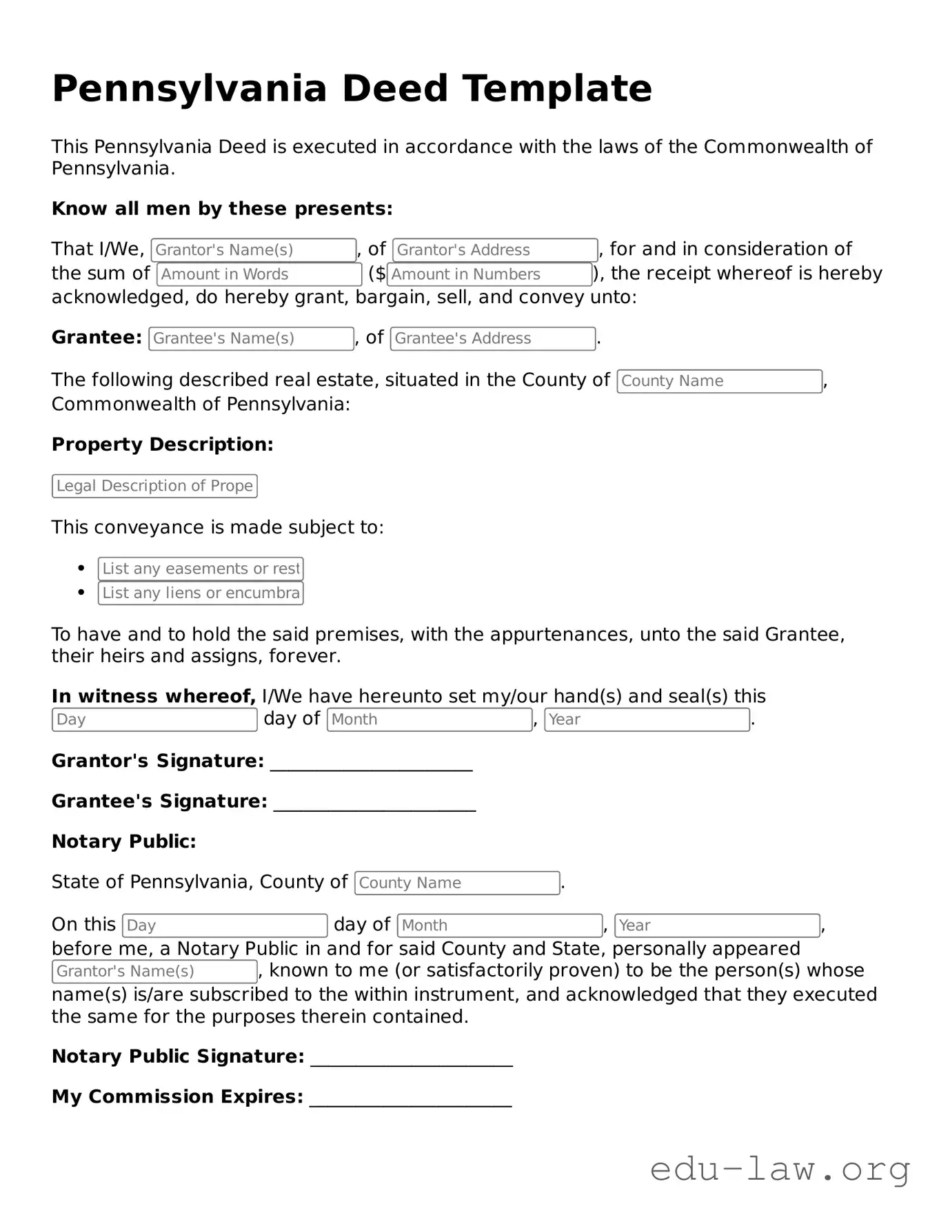 Legal  Deed Template for Pennsylvania