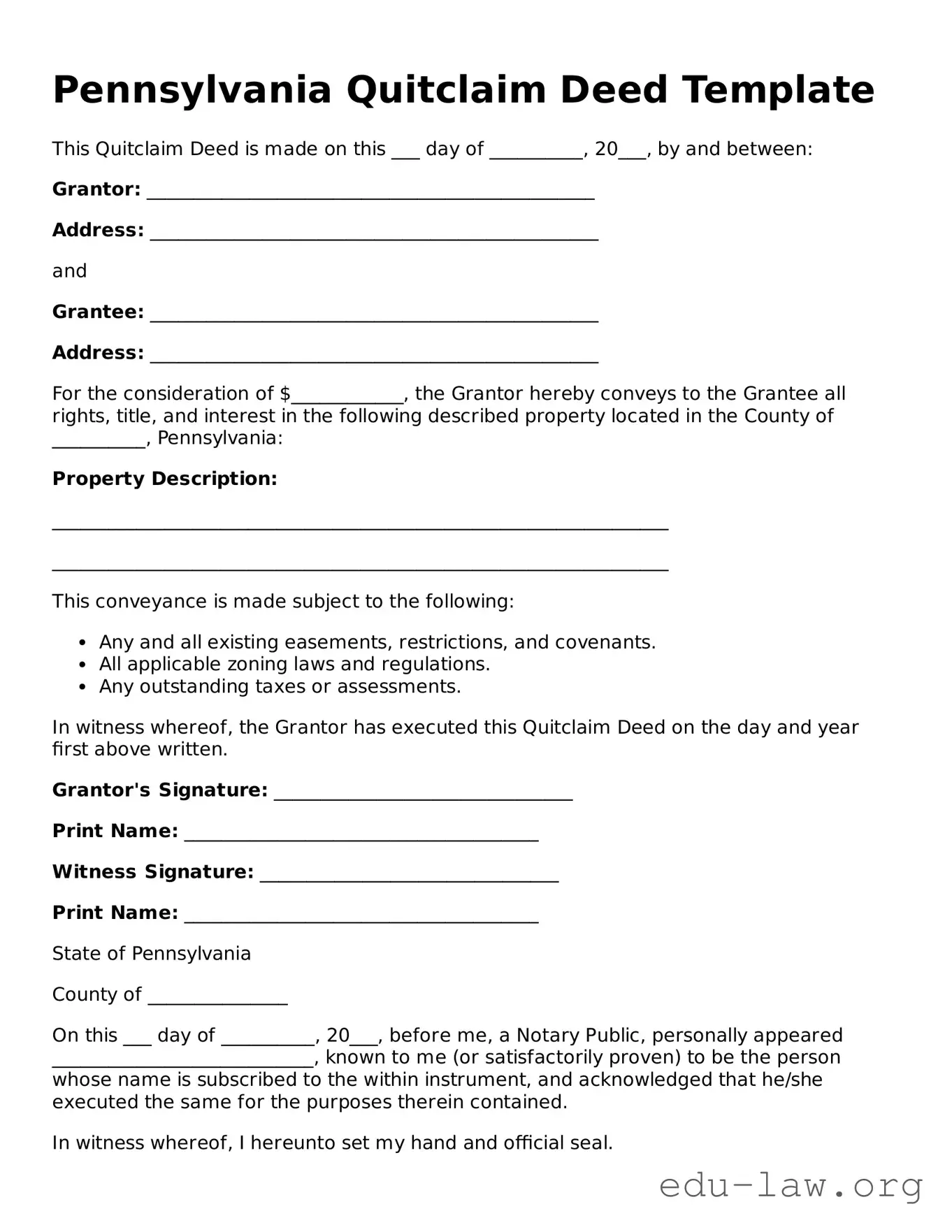 Legal  Quitclaim Deed Template for Pennsylvania