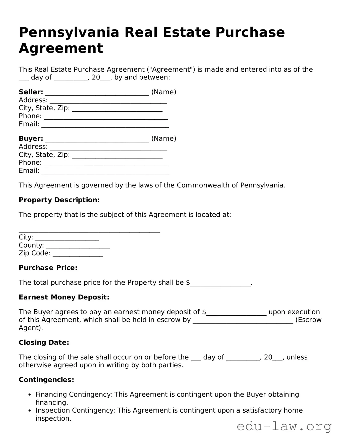 Legal  Real Estate Purchase Agreement Template for Pennsylvania