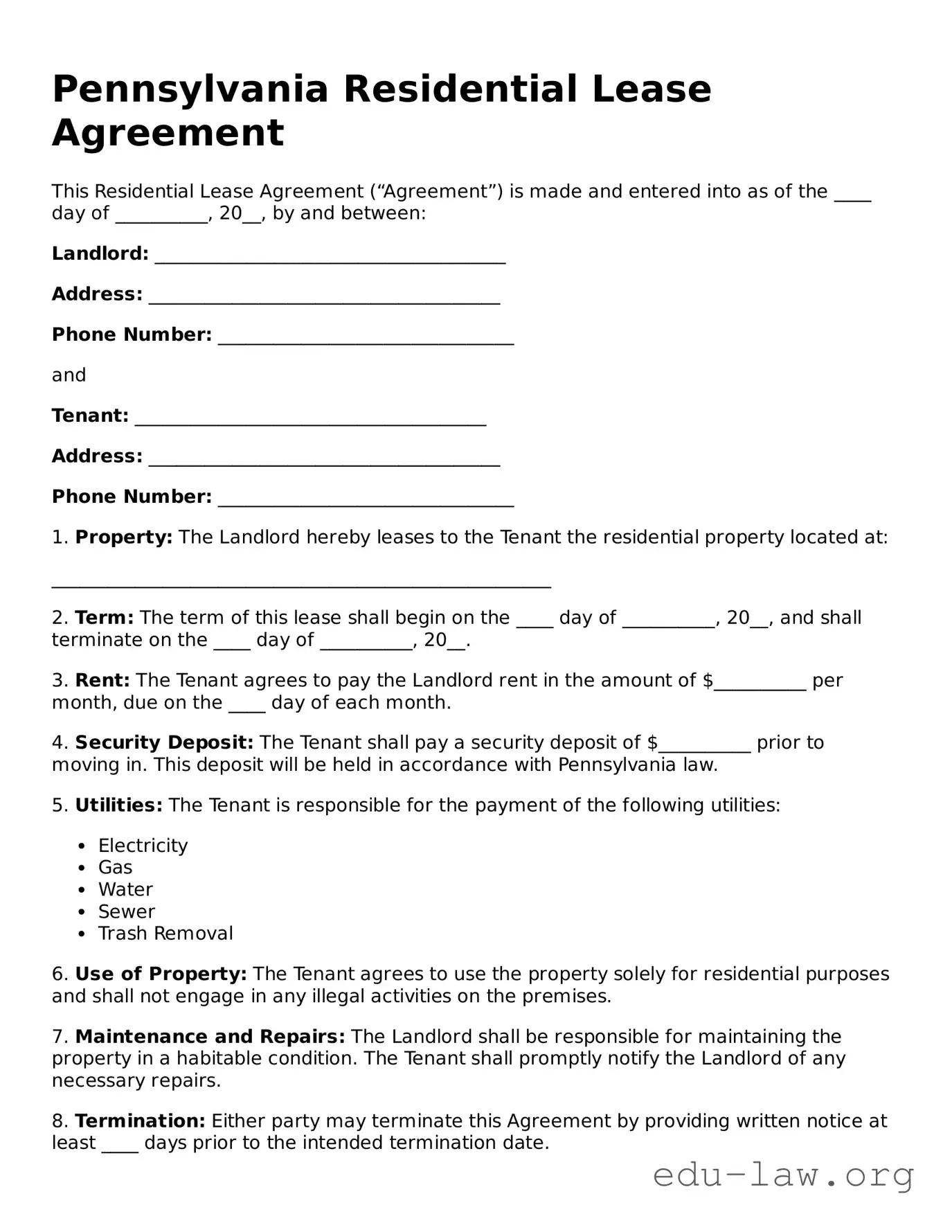 Legal  Residential Lease Agreement Template for Pennsylvania