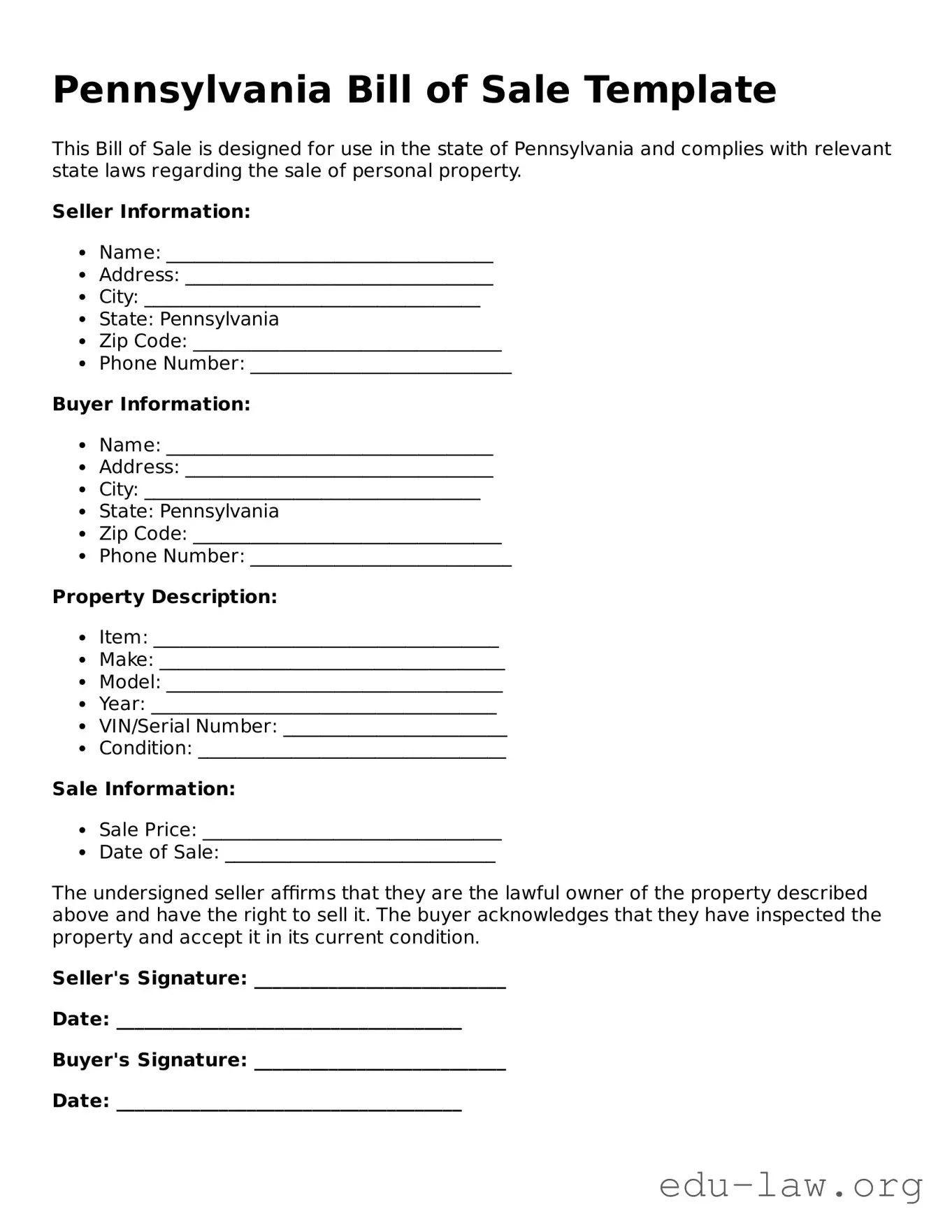 Legal  Bill of Sale Template for Pennsylvania