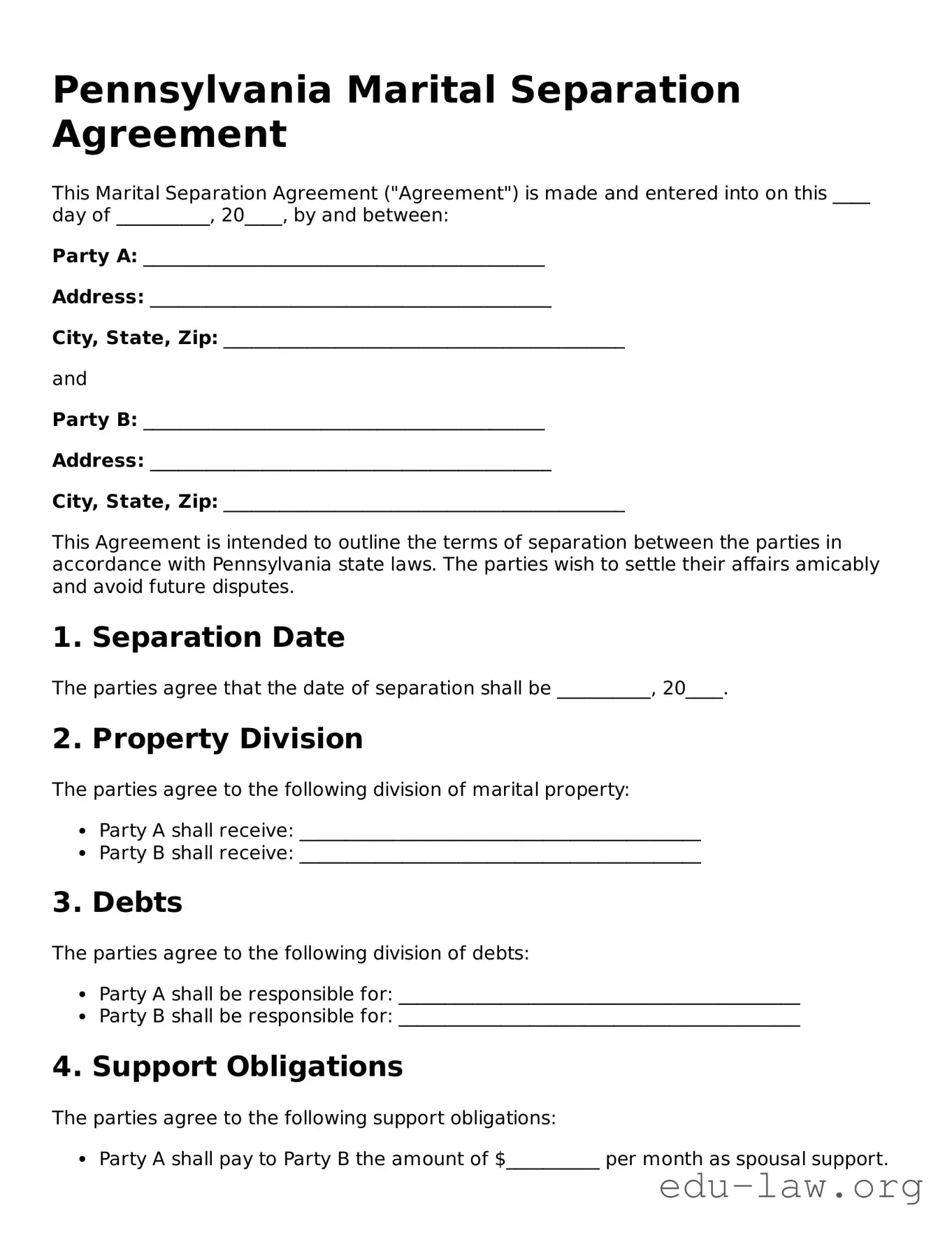 Legal  Marital Separation Agreement Template for Pennsylvania