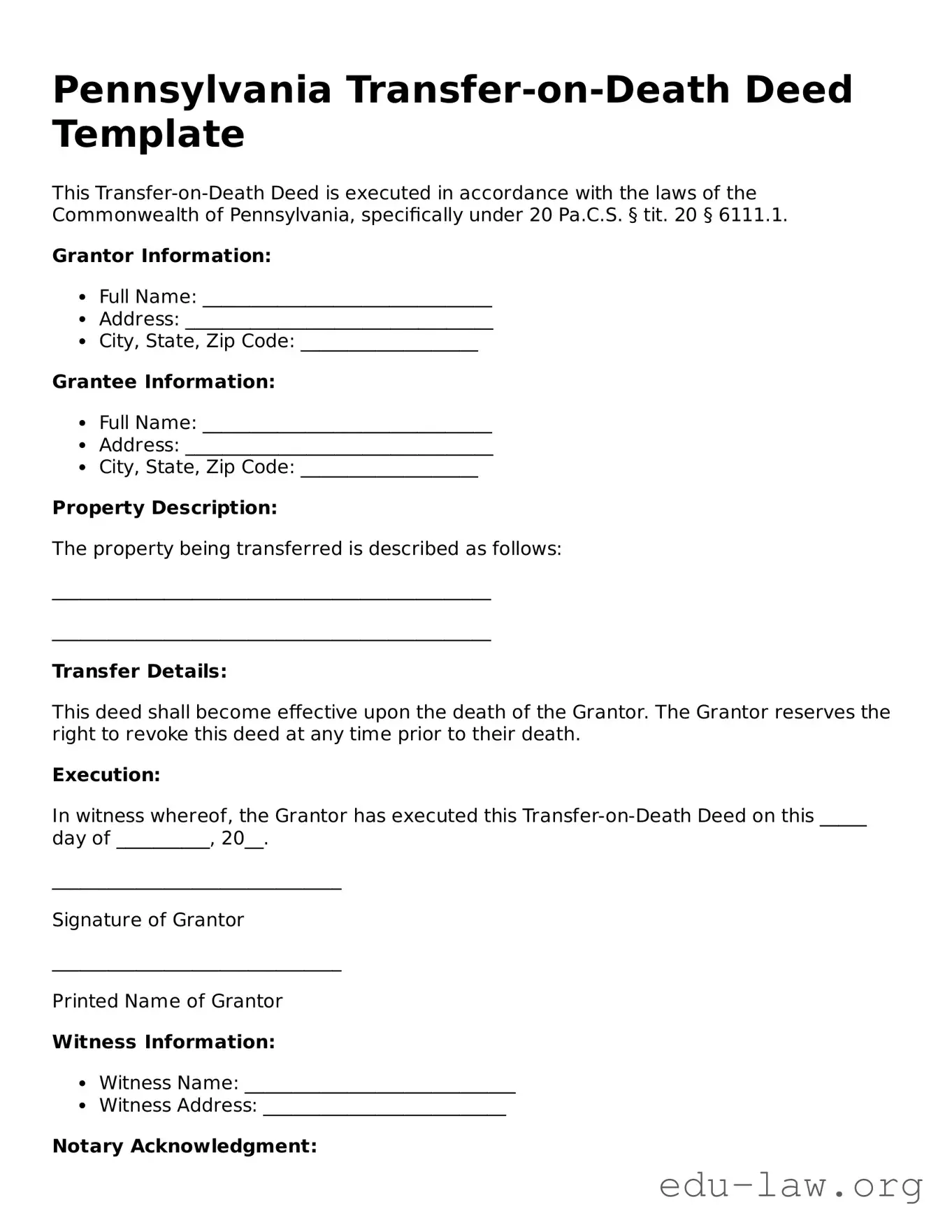 Legal  Transfer-on-Death Deed Template for Pennsylvania