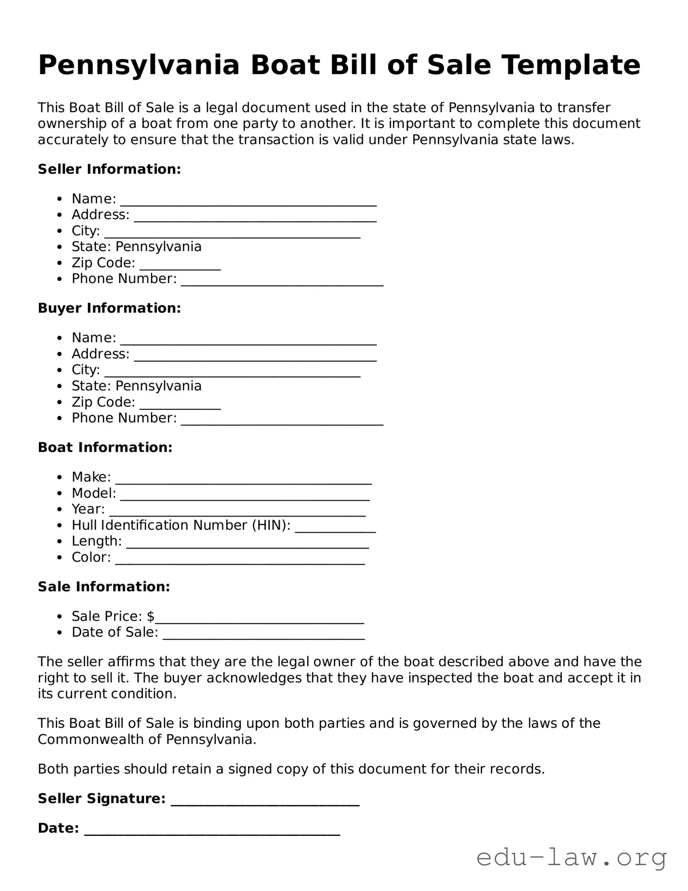 Legal  Boat Bill of Sale Template for Pennsylvania