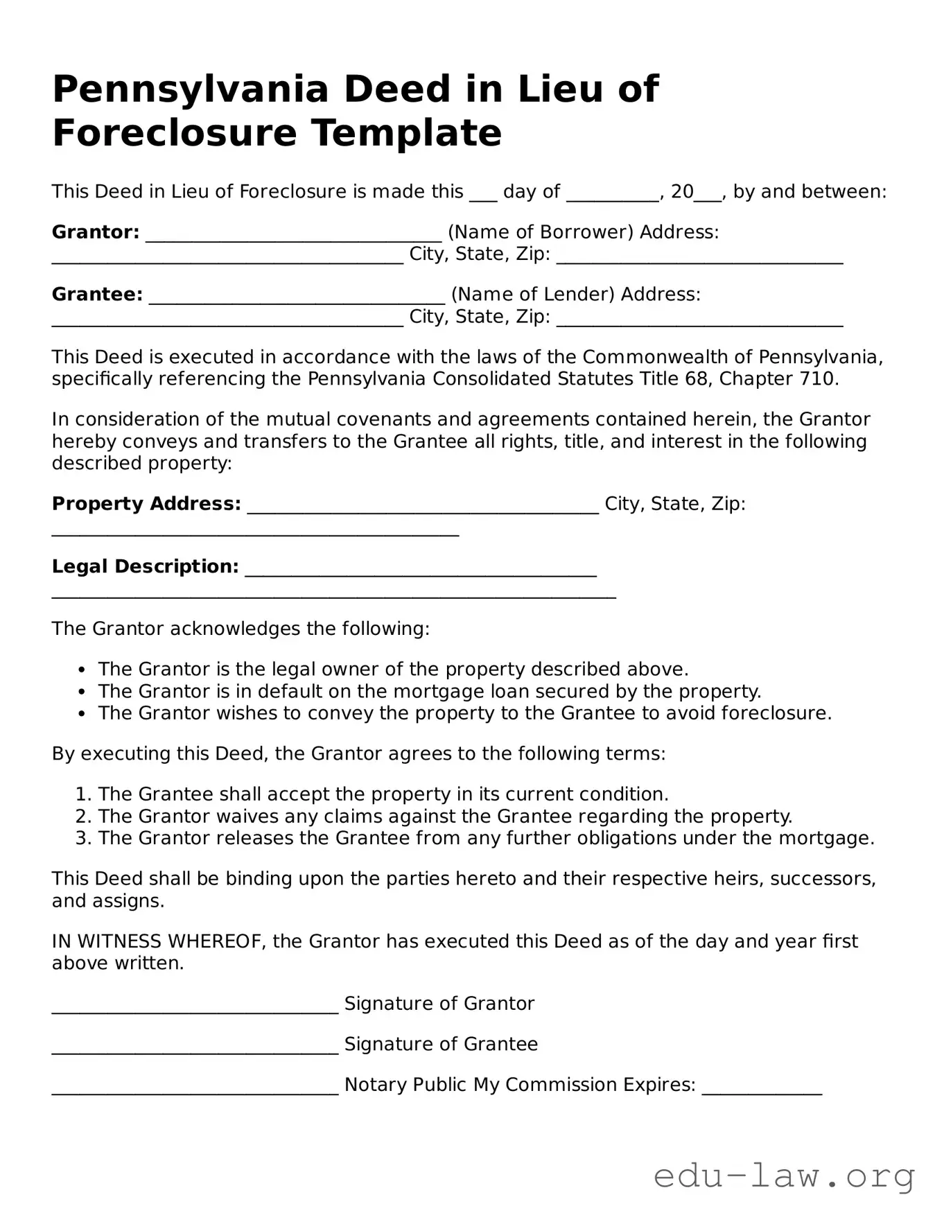 Legal  Deed in Lieu of Foreclosure Template for Pennsylvania