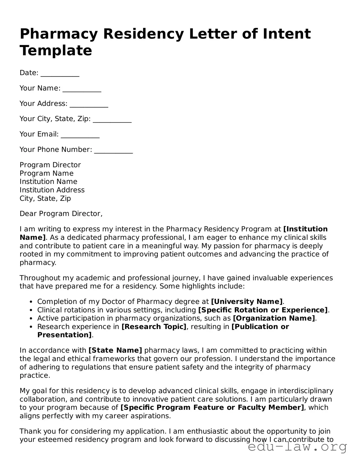 Pharmacy Residency Letter of Intent Template
