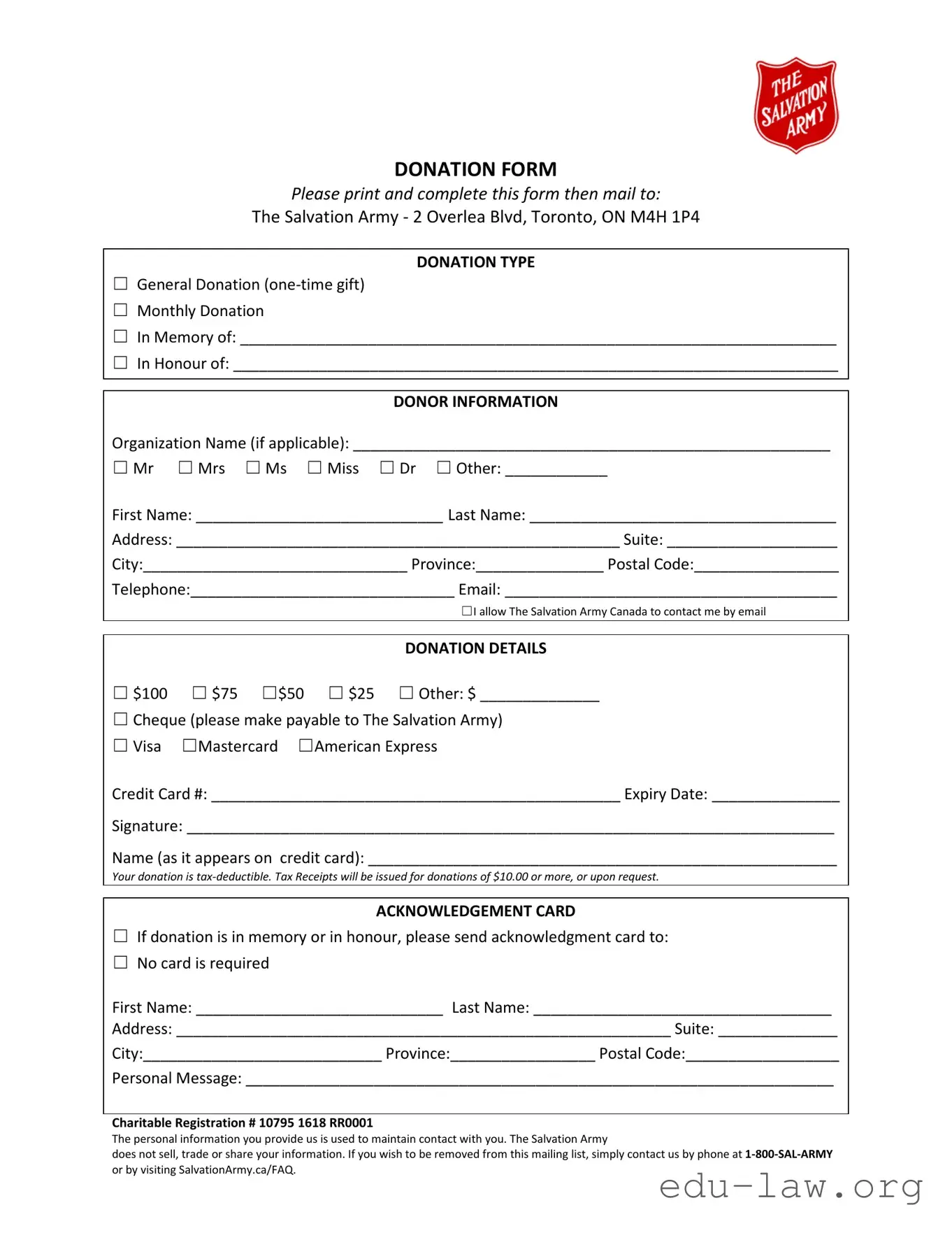 Fill in Your Salvation Army Tax Receipt Template