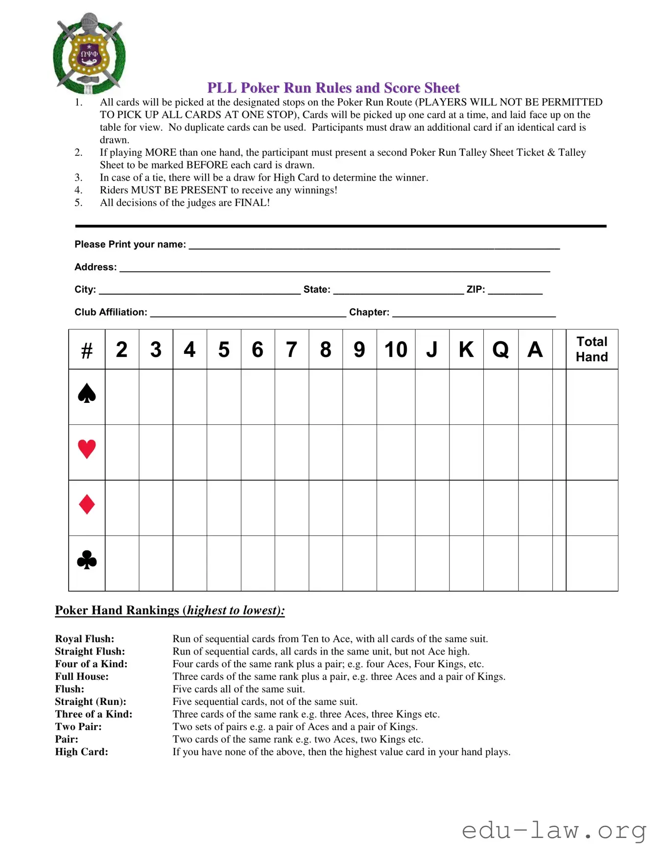 Fill in Your Pll Poker Run Rules Template