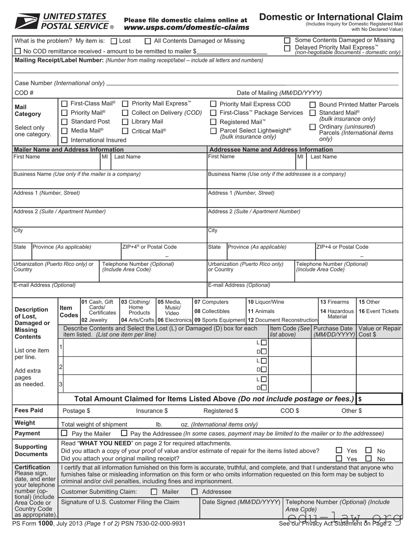 Fill in Your Usps Domestic Claim Template