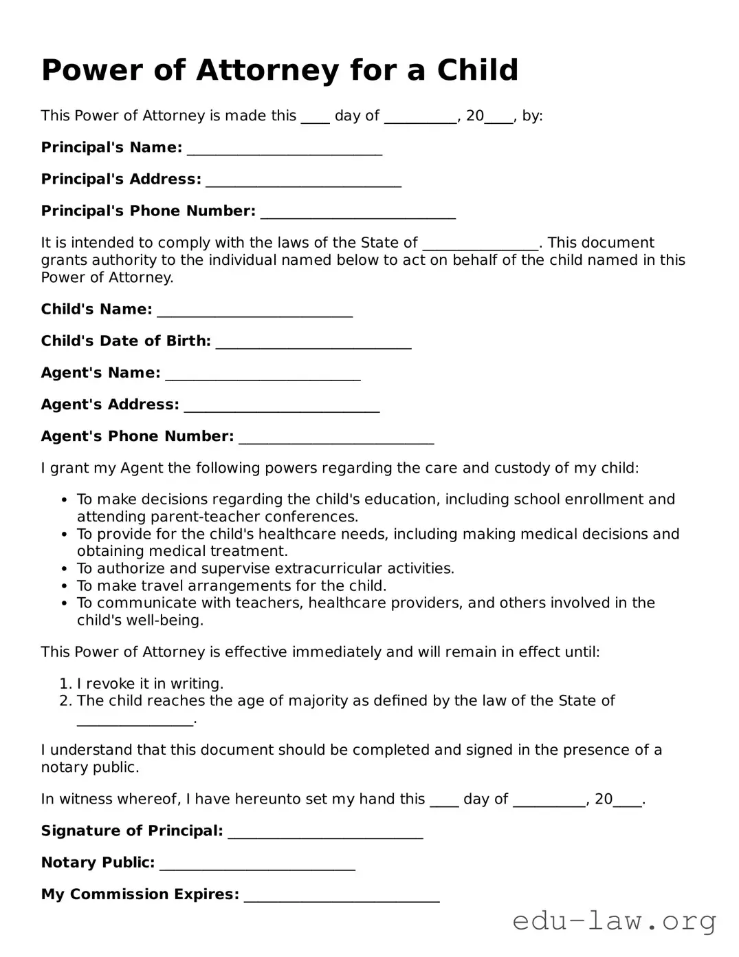 Power of Attorney for a Child Template