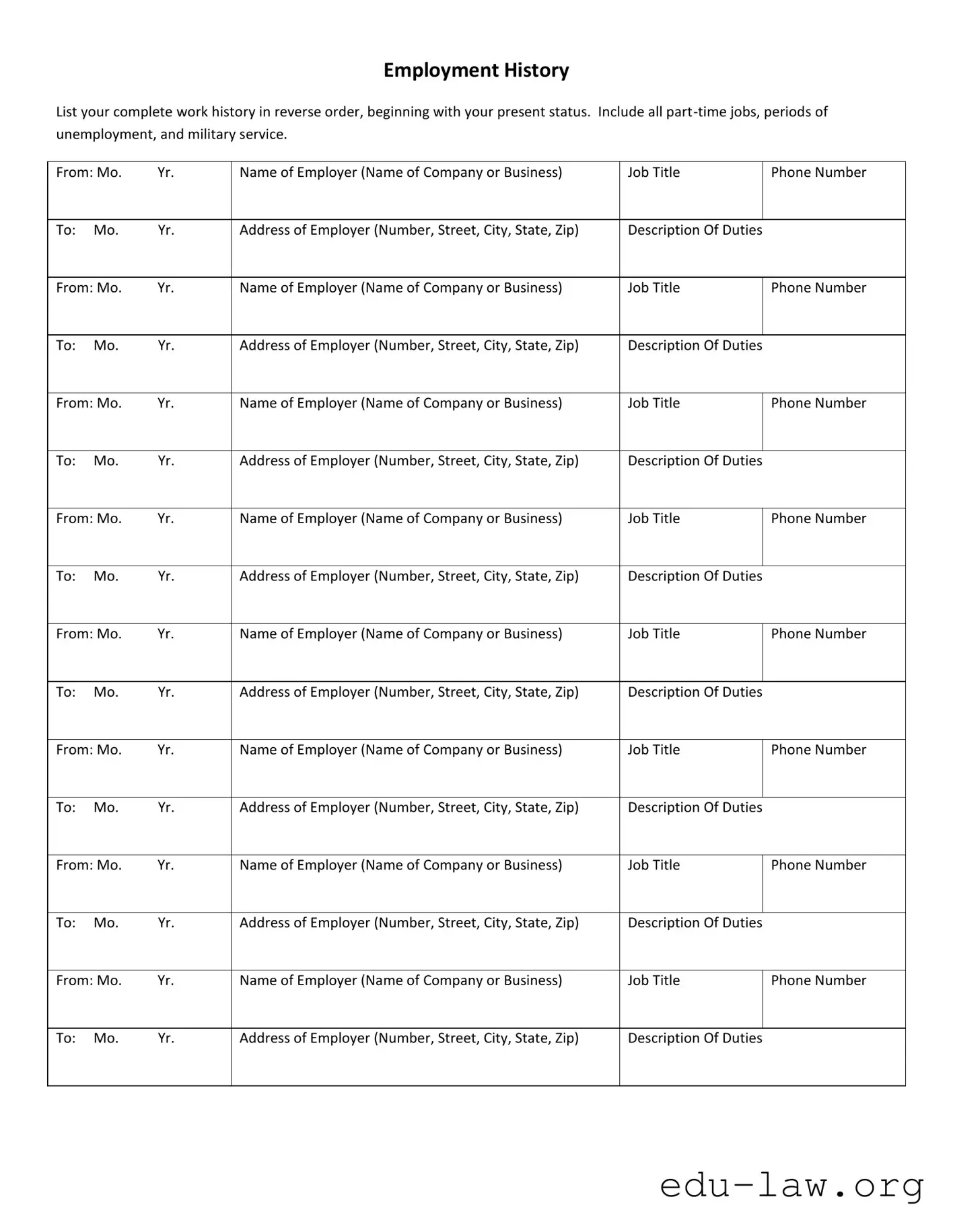 Fill in Your Employment History Template