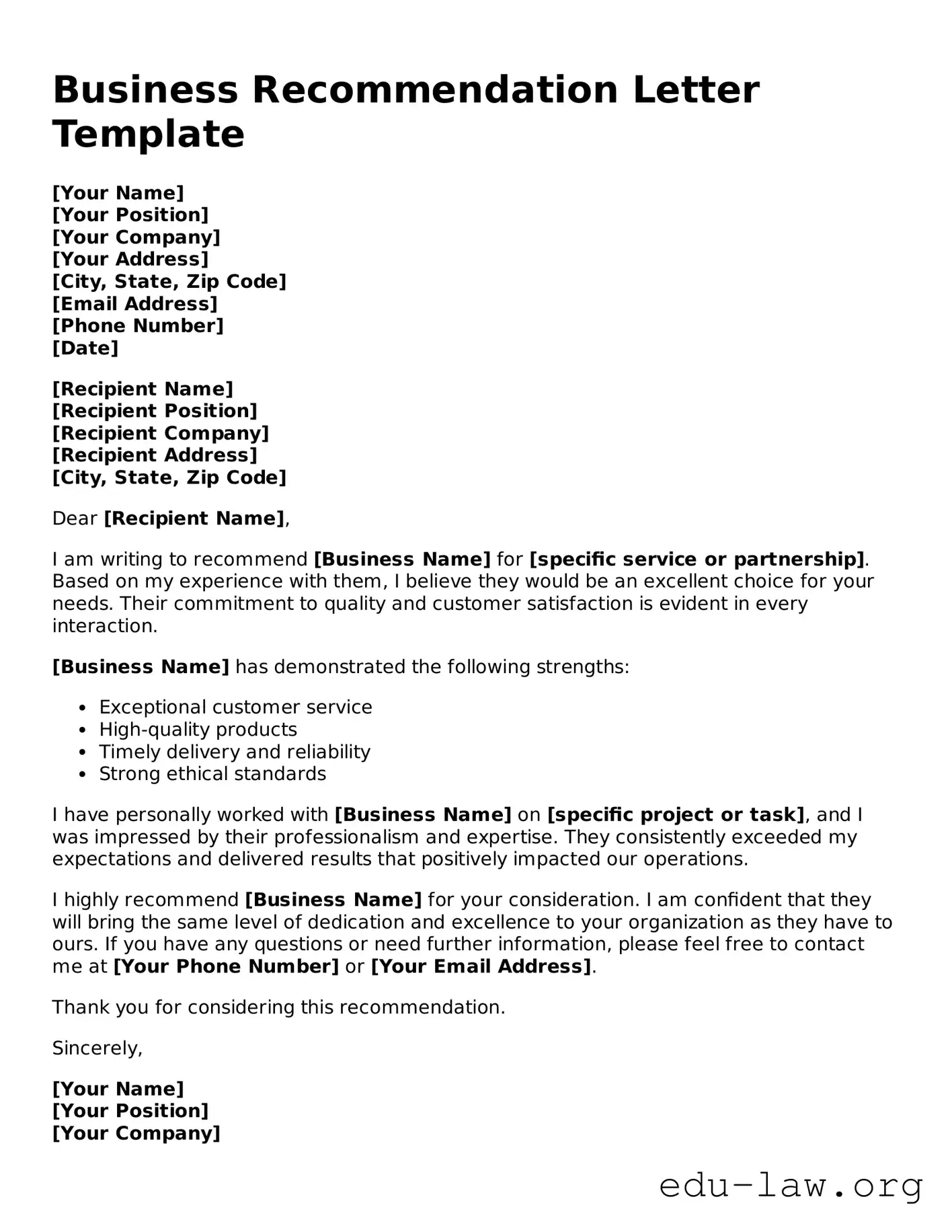 Business Recommendation Letter Template