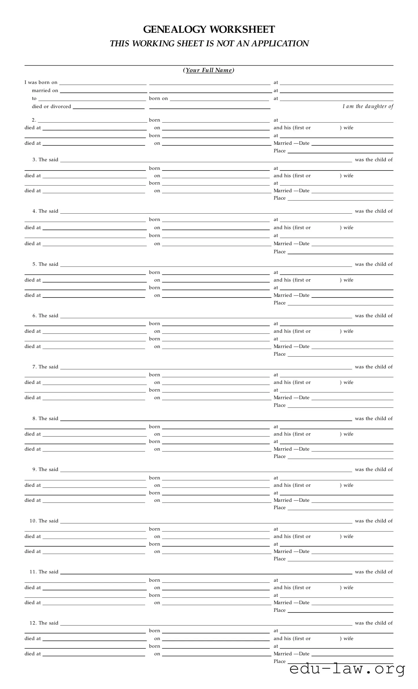 Fill in Your Dar Genealogy Worksheet Template