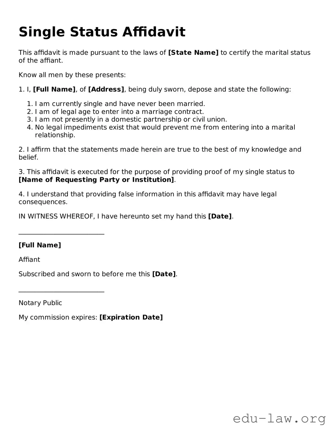 Single Status Affidavit Template