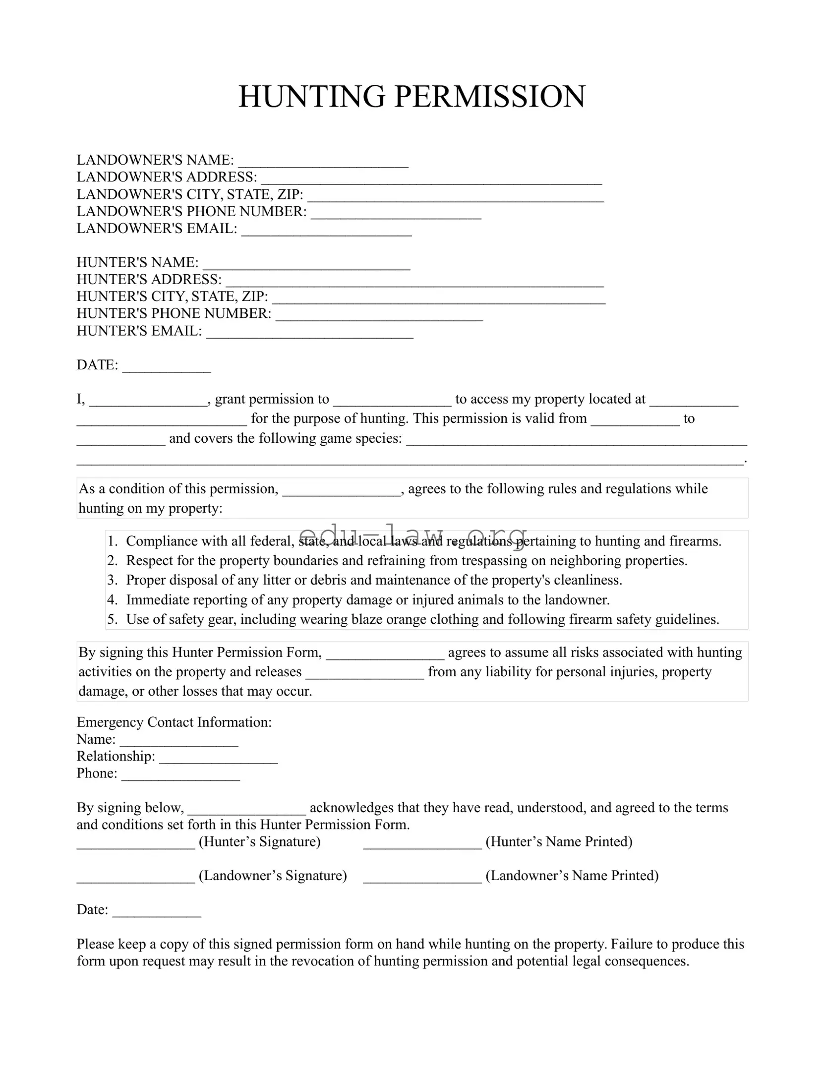 Fill in Your Hunter Permission Template