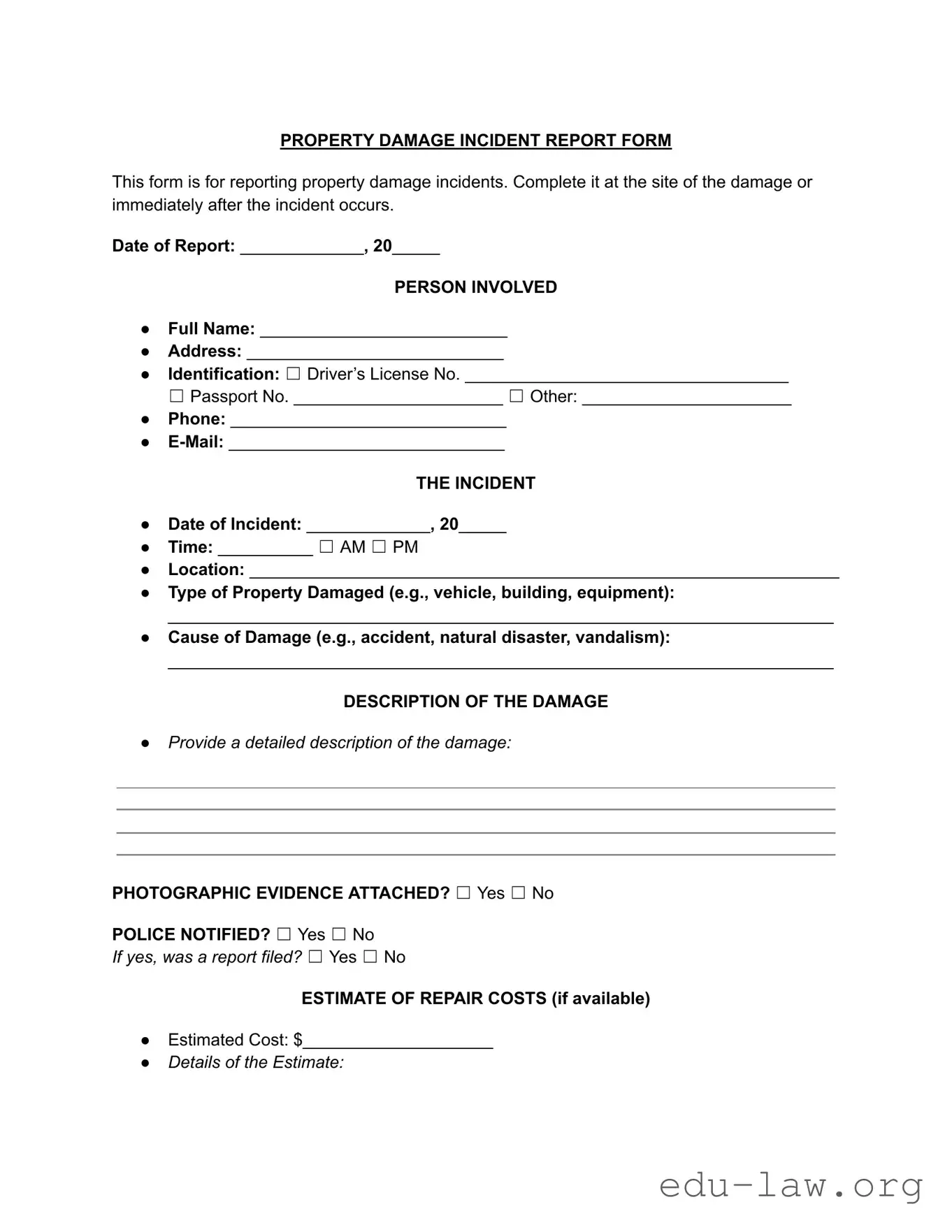 Fill in Your Property Damage Incident Report Template