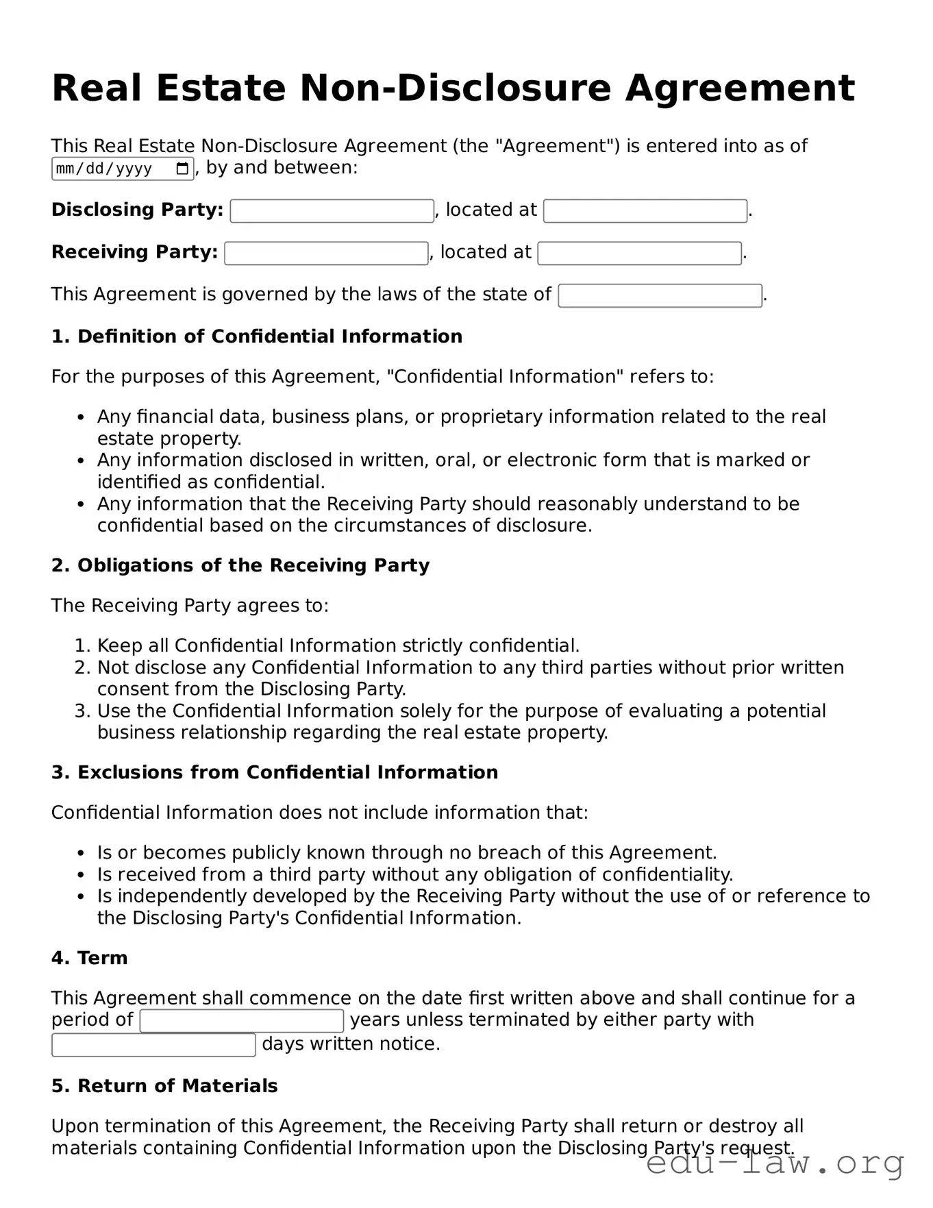 Real Estate Non-Disclosure Agreement Template