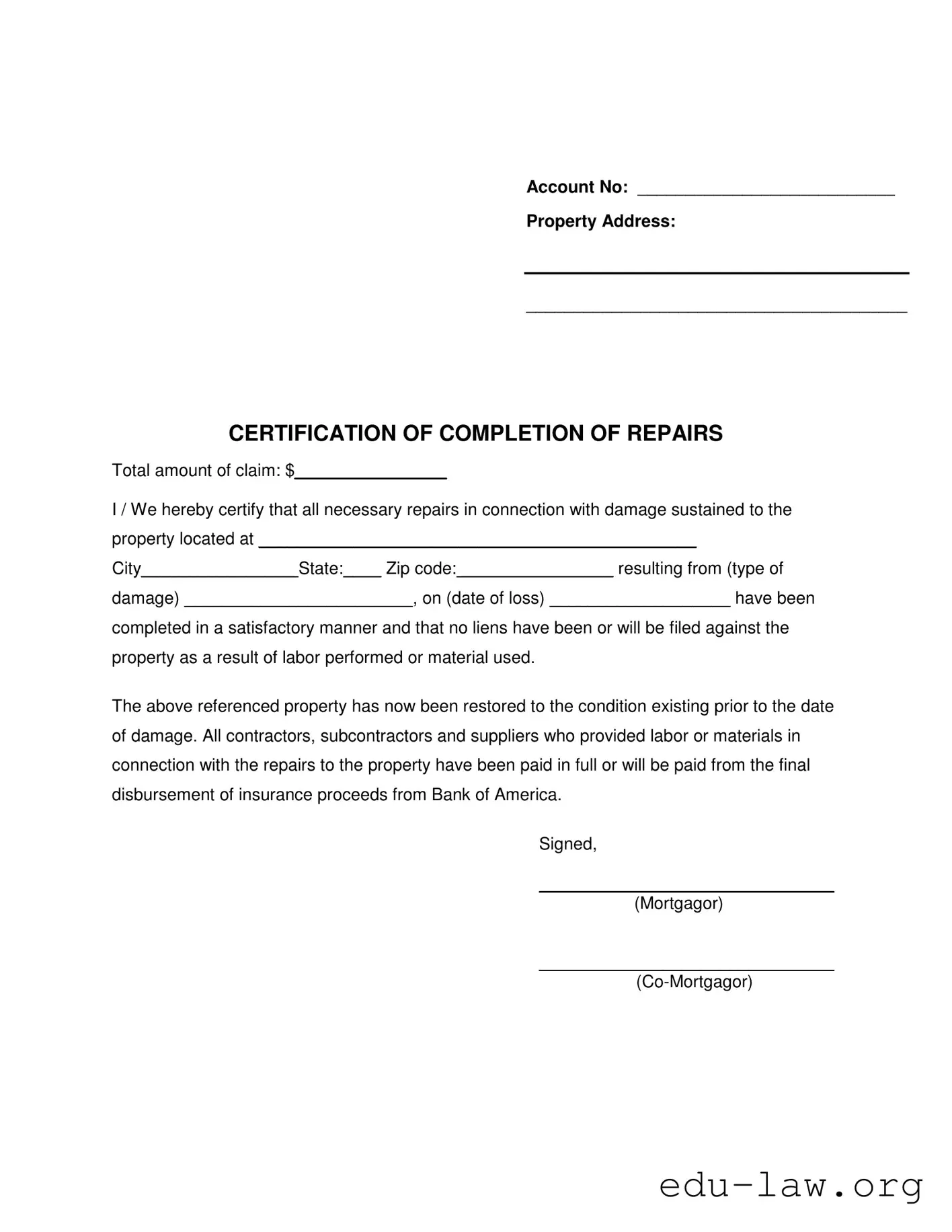 Fill in Your Completion Repairs Template