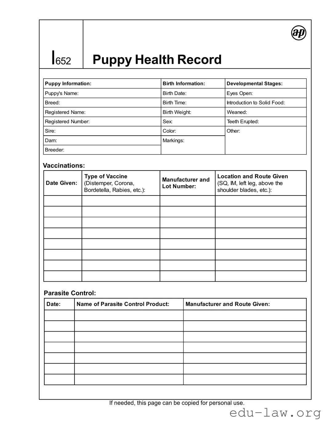 Fill in Your Puppy Health Record Template