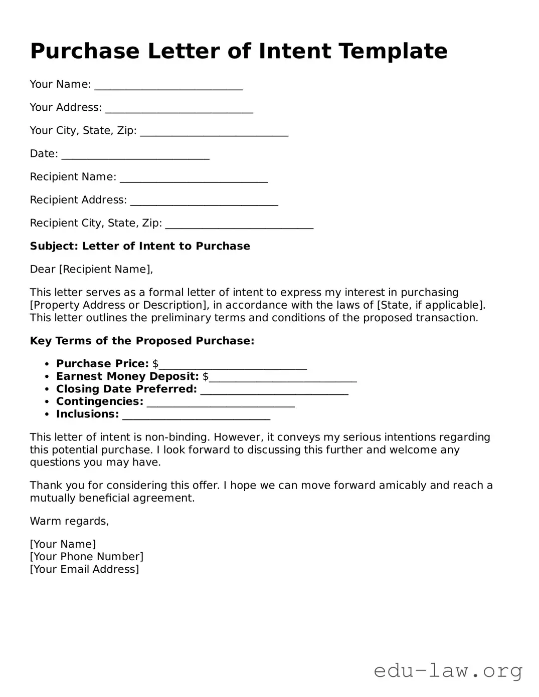 Purchase Letter of Intent Template