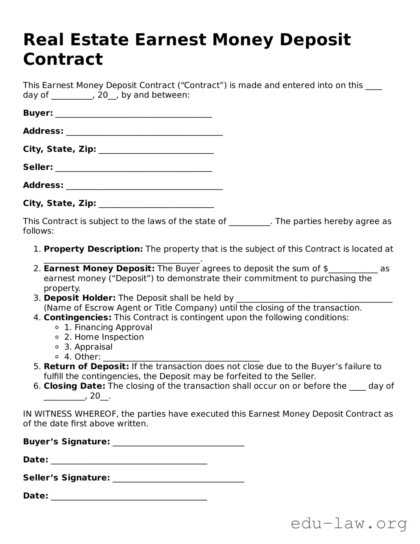 Real Estate Earnest Money Deposit Contract Template