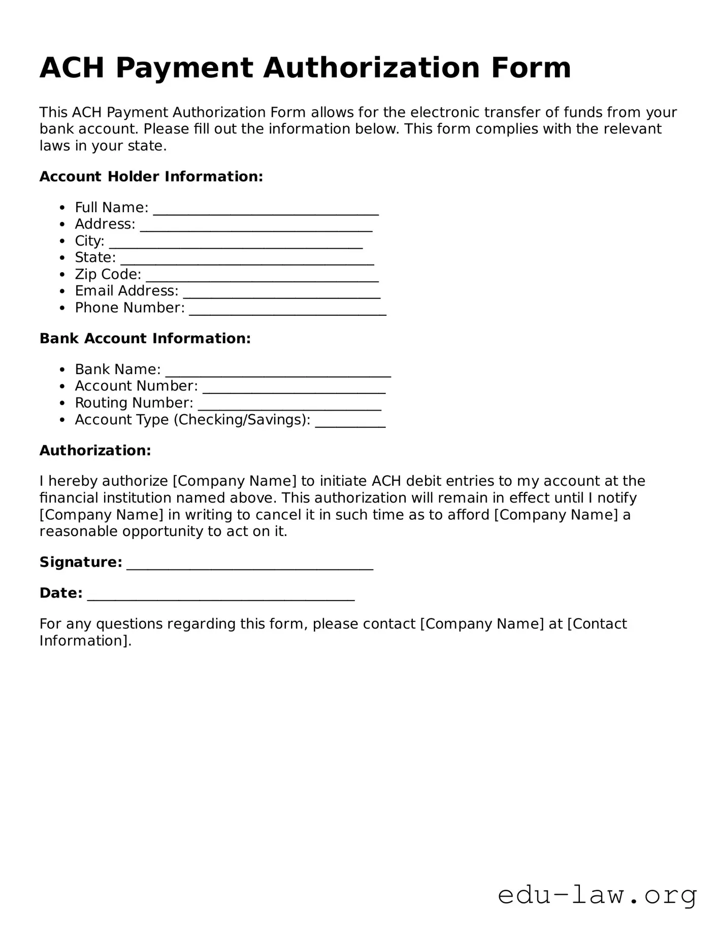 ACH Payment Authorization Form Template