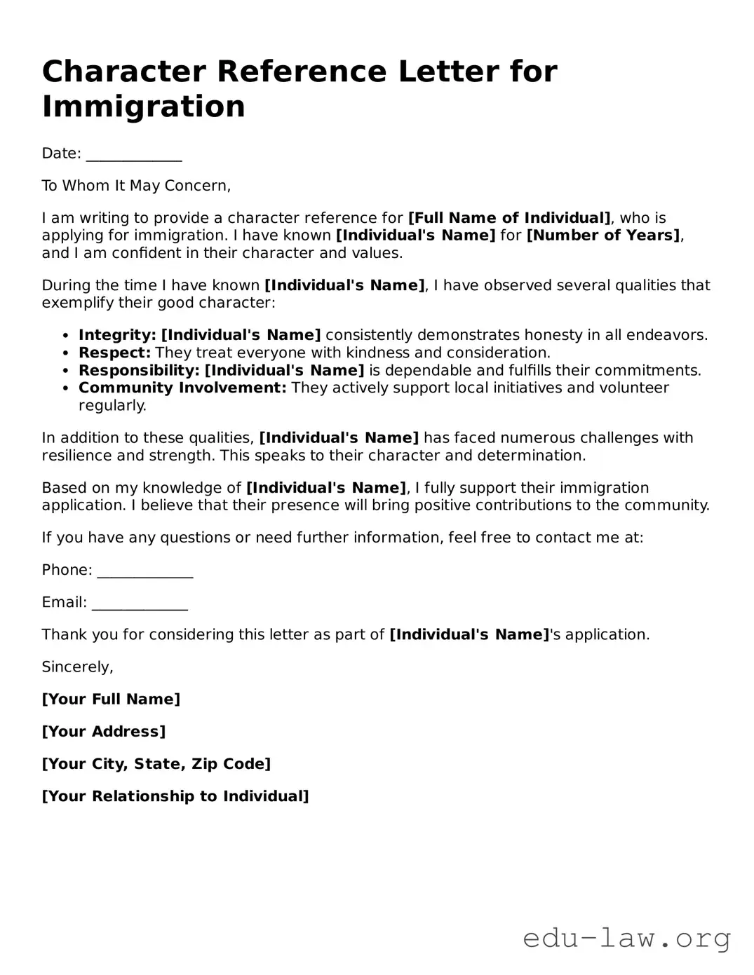 Character Reference Letter for Immigration Template