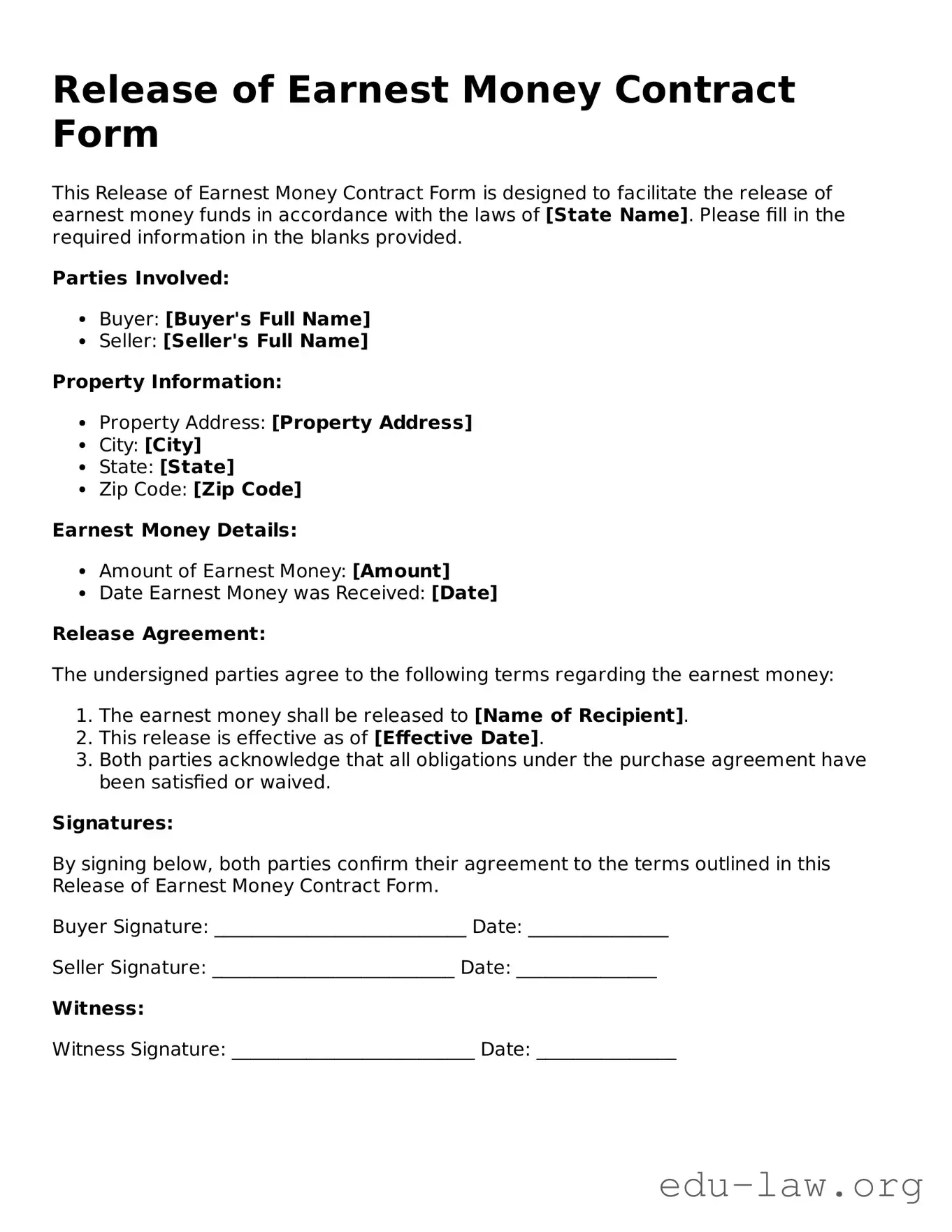 Release of Earnest Money Contract Form Template