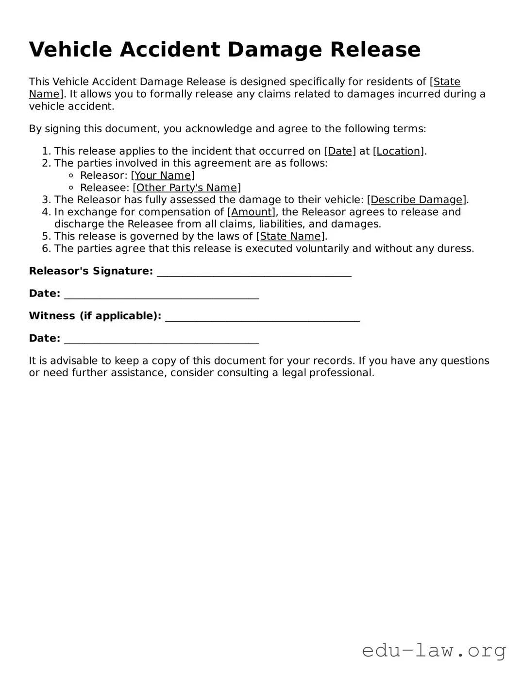 Vehicle Accident Damage Release Template