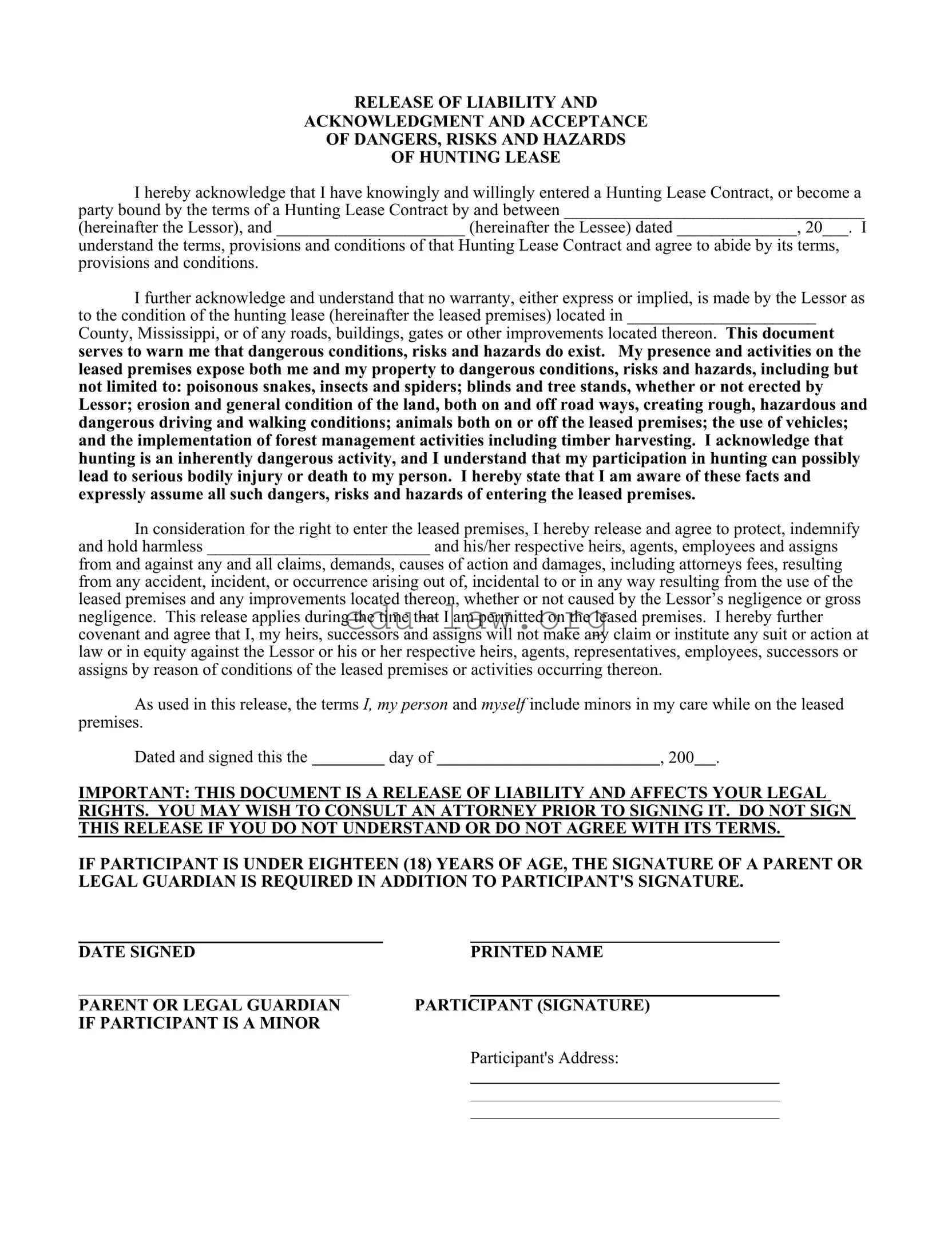 Fill in Your Liability Hunting Template