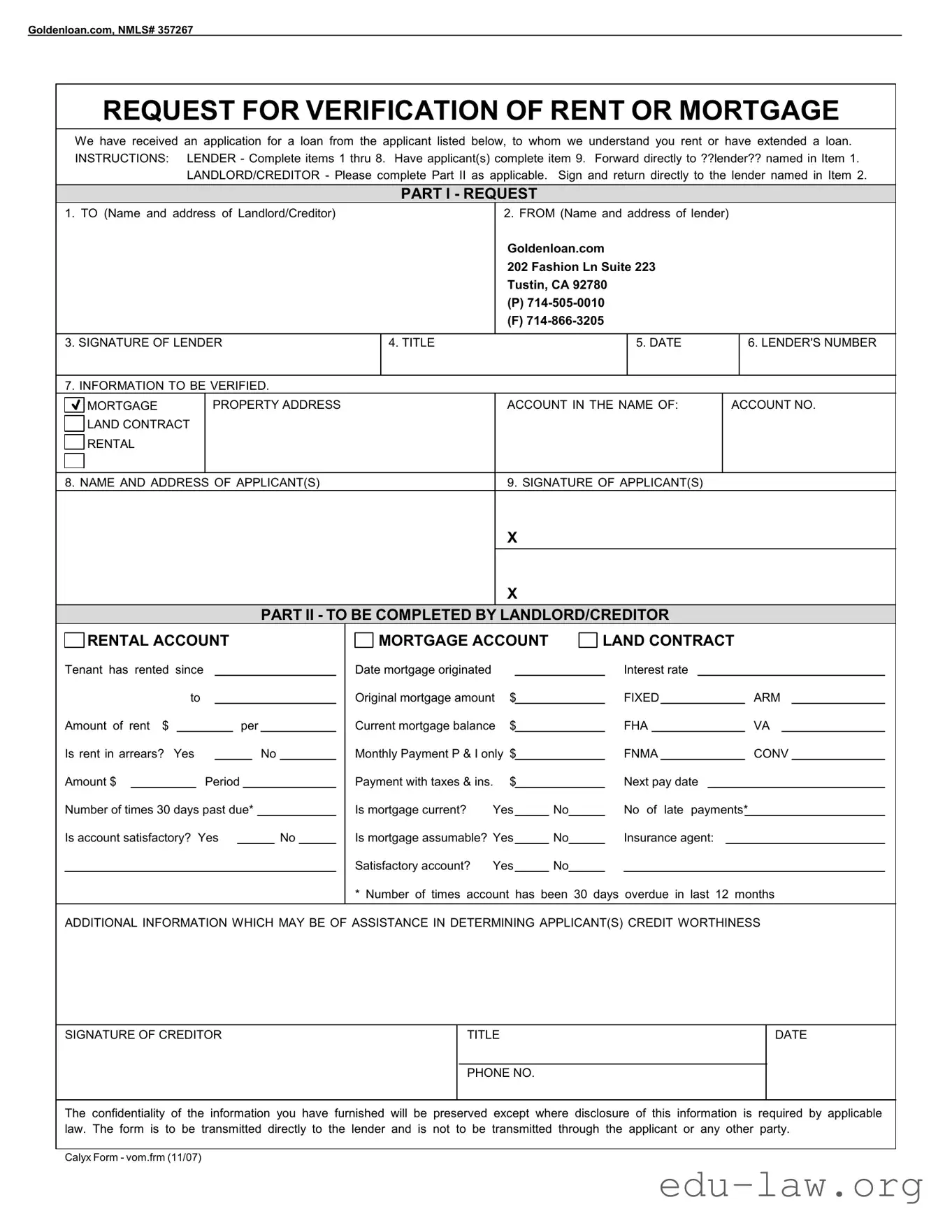Fill in Your Verification Rent Mortgage Template