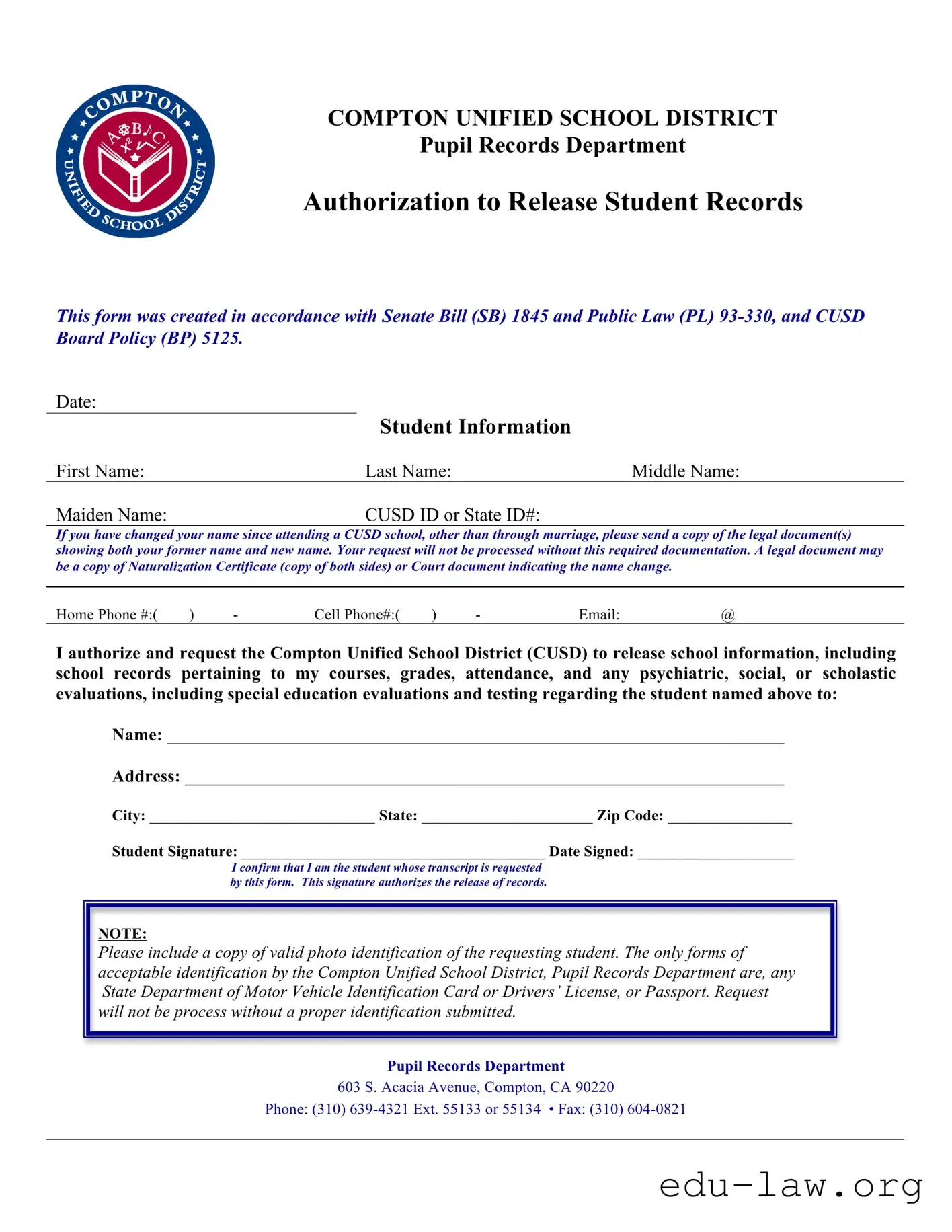 Fill in Your Compton Unified School District Records Template