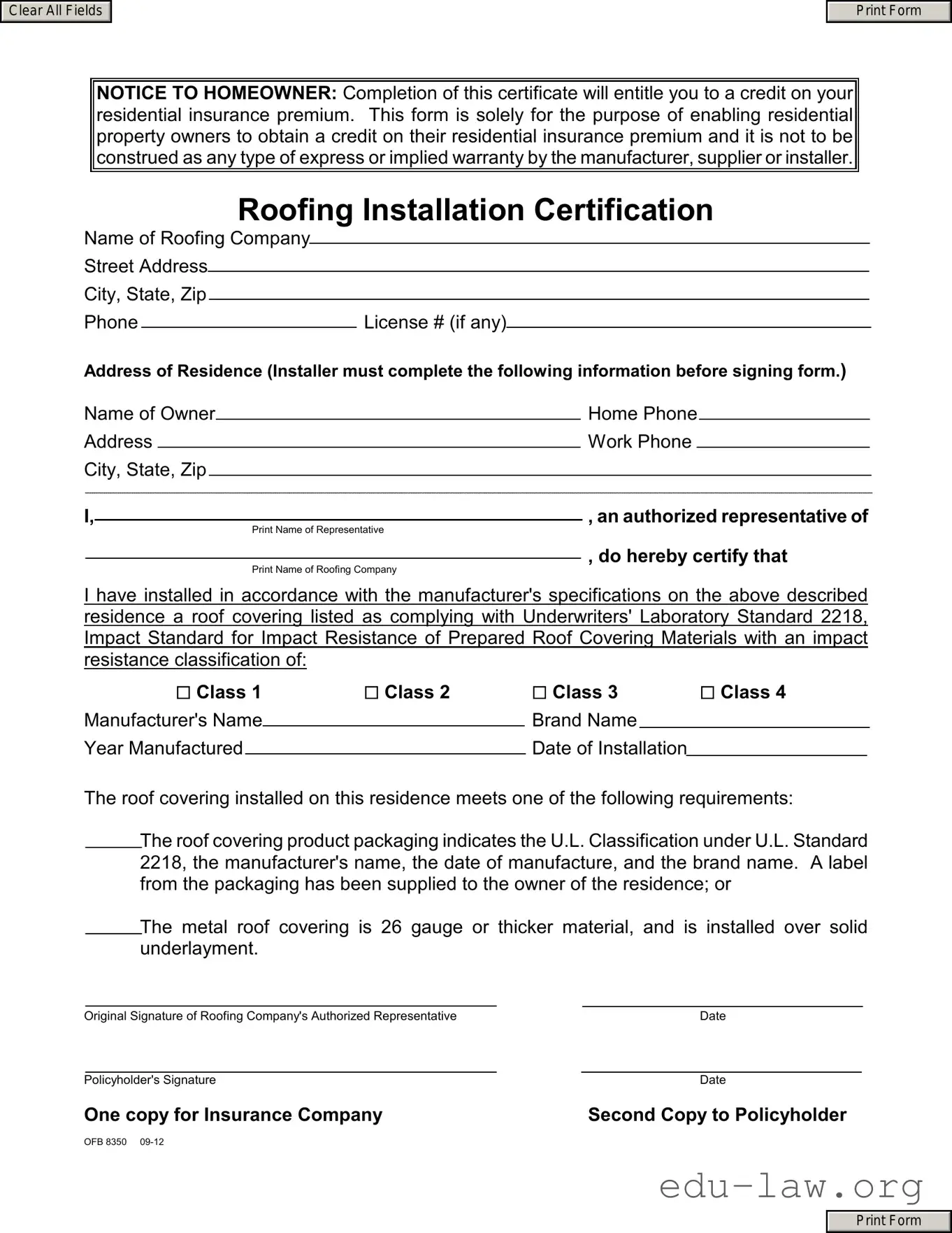 Fill in Your Roofing Installation Certification Template