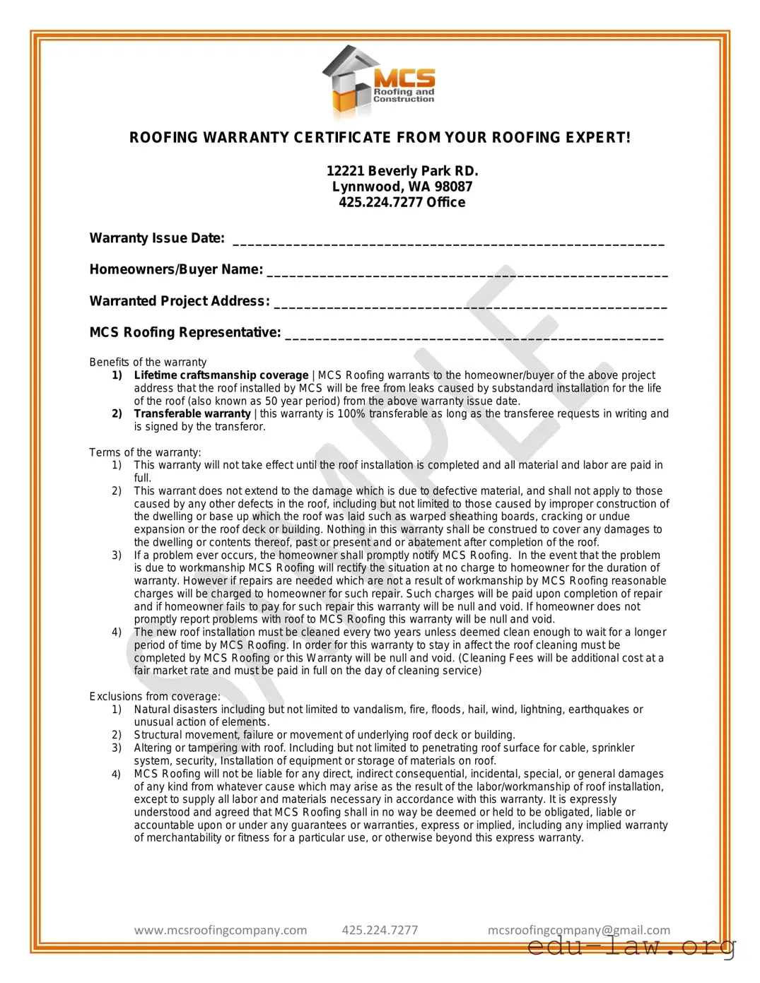 Fill in Your Roofing Warranty Certificate Template