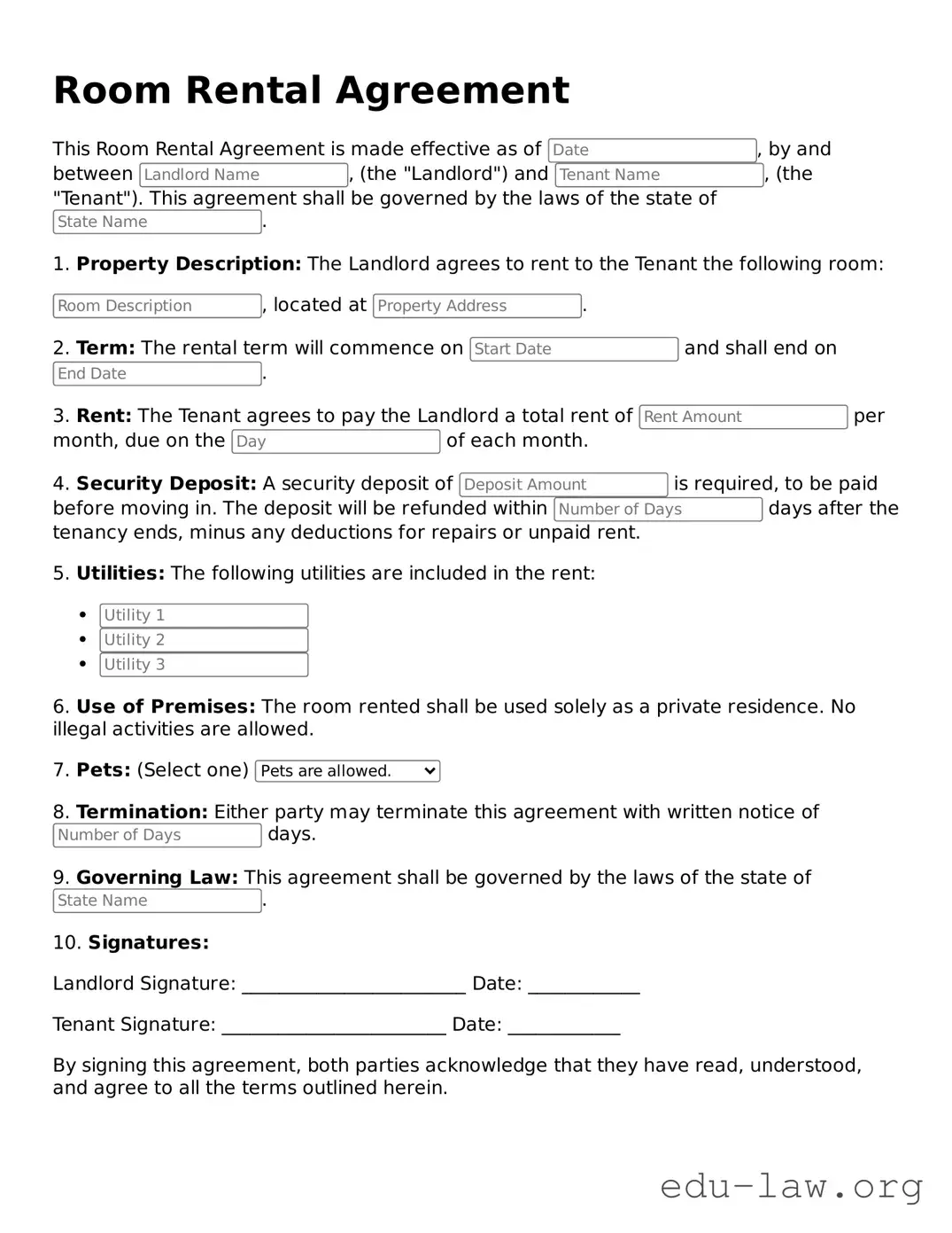 Room Rental Agreement Template