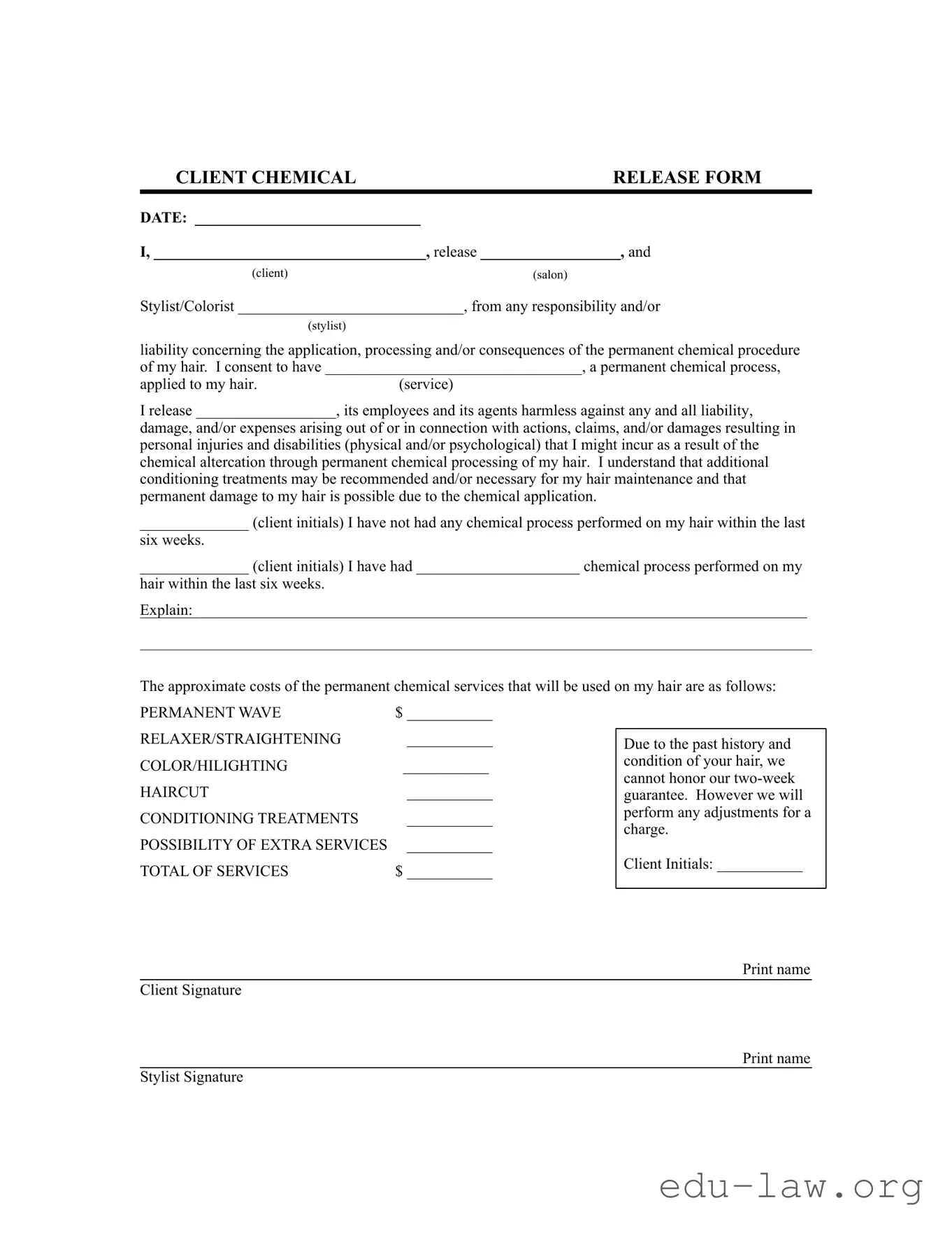 Fill in Your Salon Chemical Waiver Template