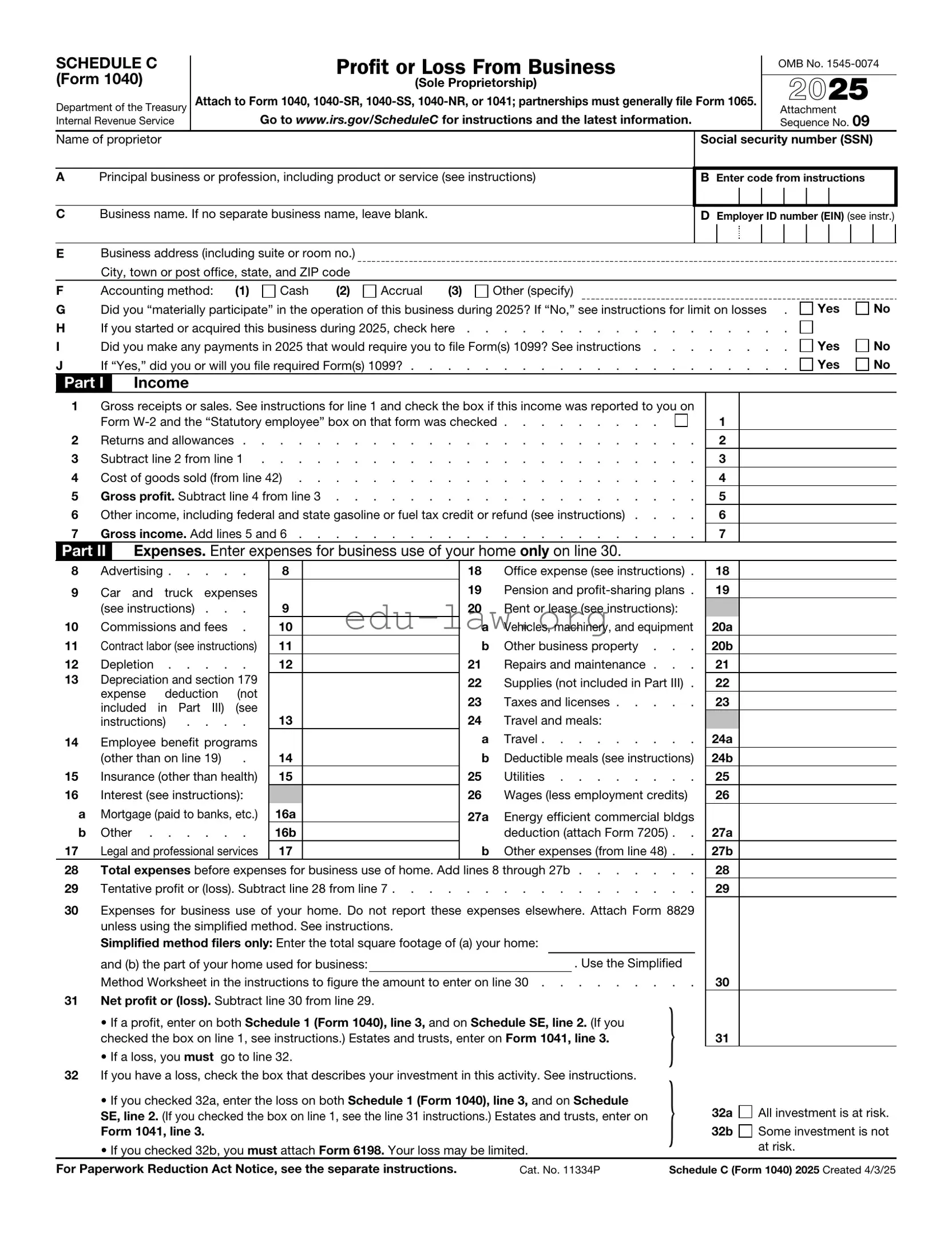 Fill in Your IRS Schedule C 1040 Template