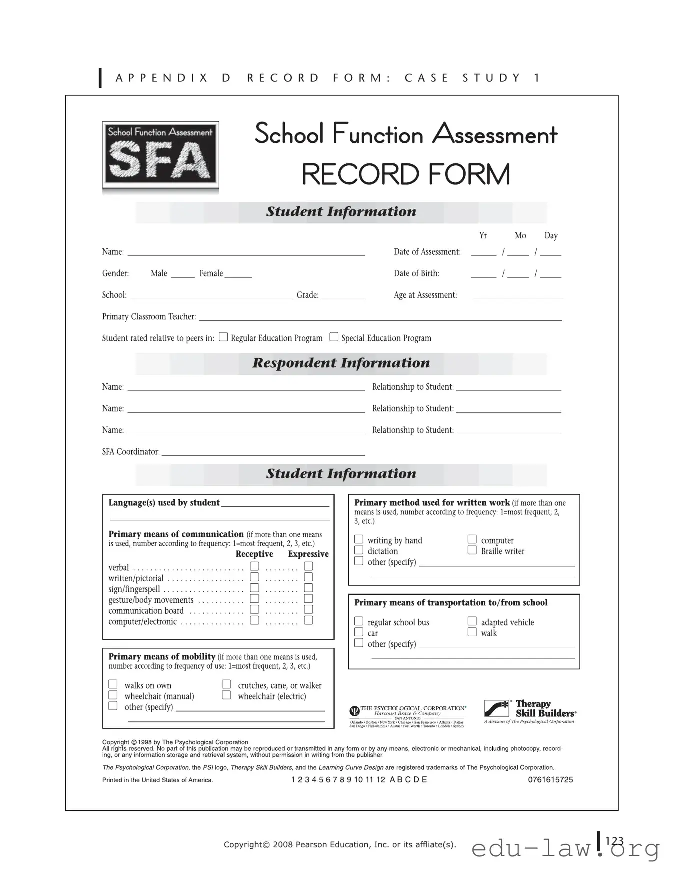 Fill in Your School Function Assessment Template