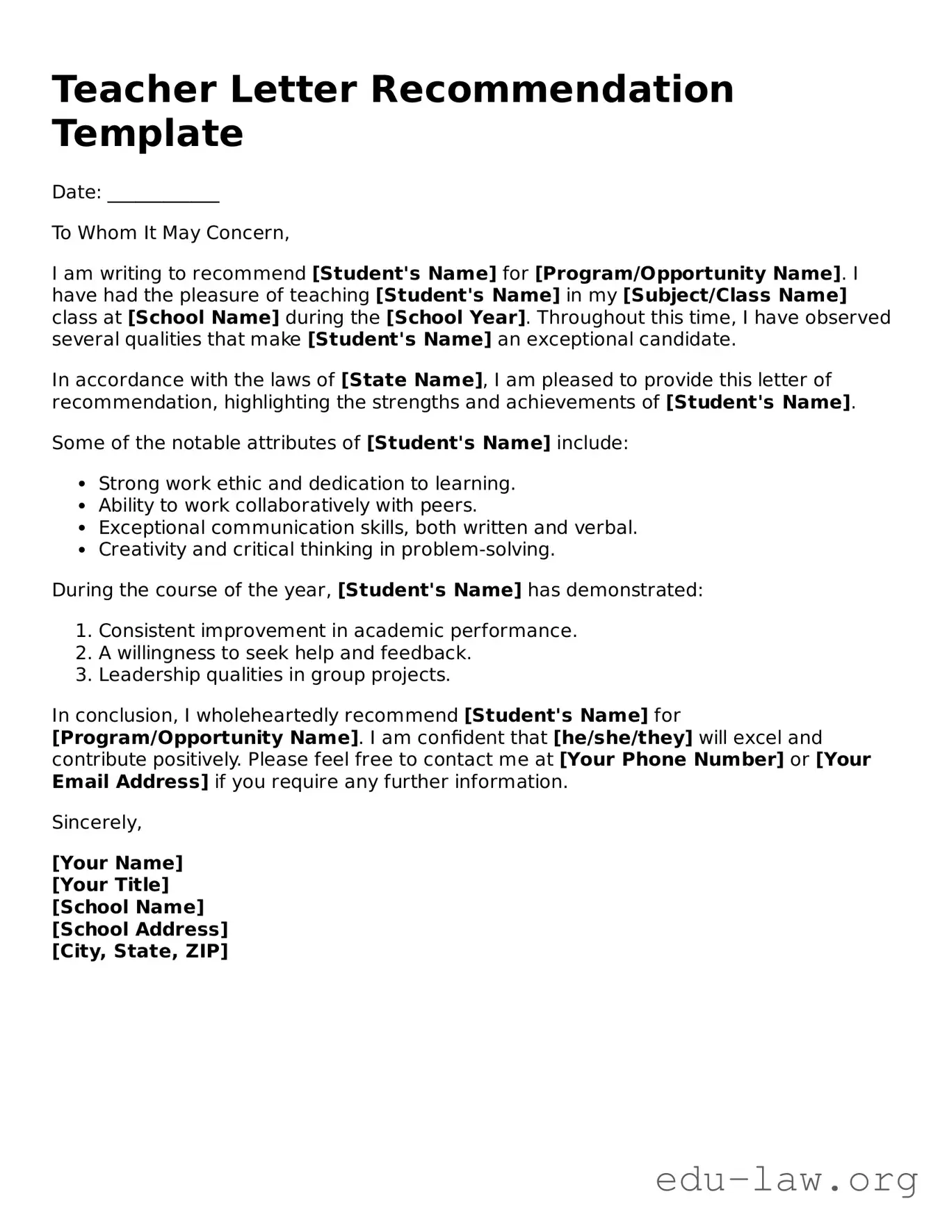 Teacher Letter Recommendation Template