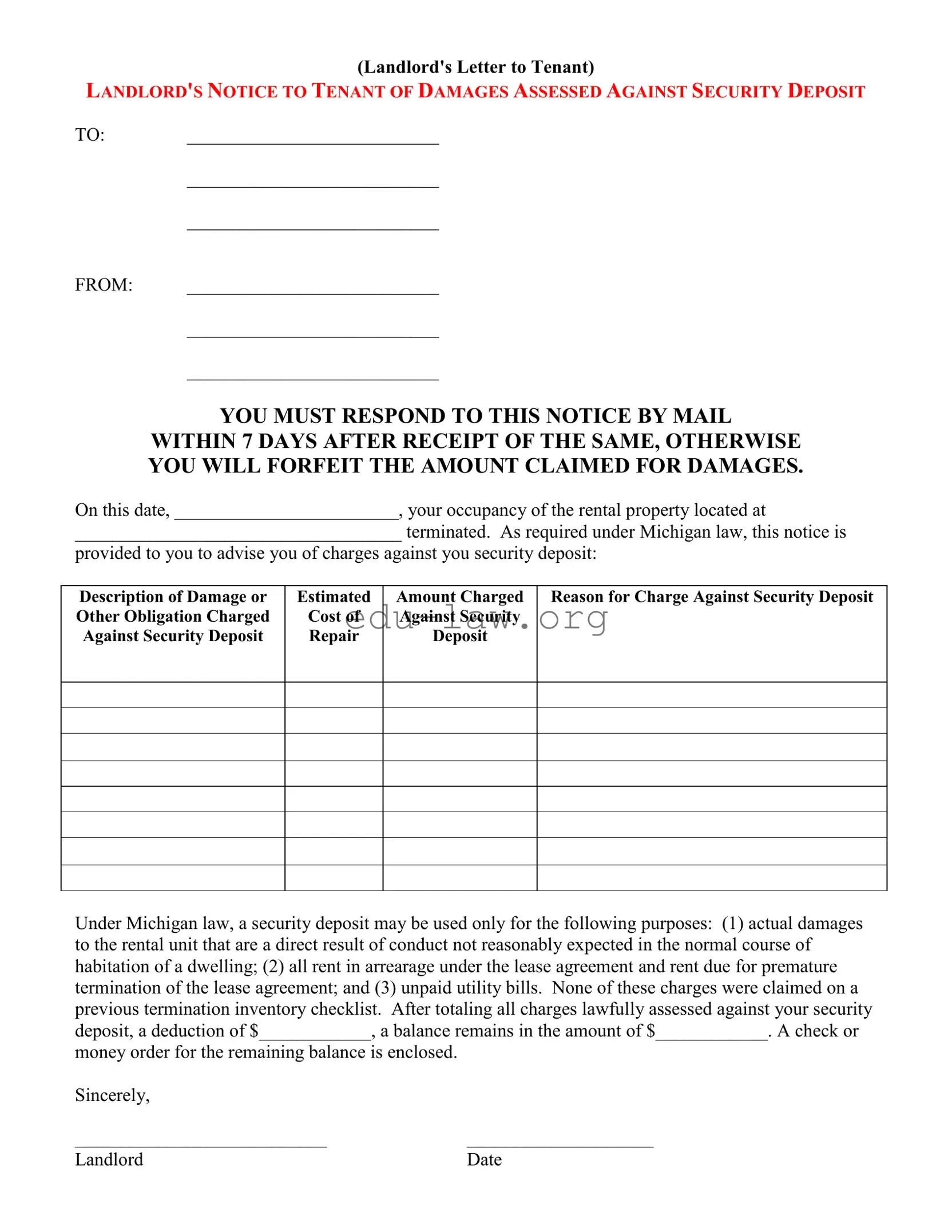 Fill in Your Landlord Damages Letter Template