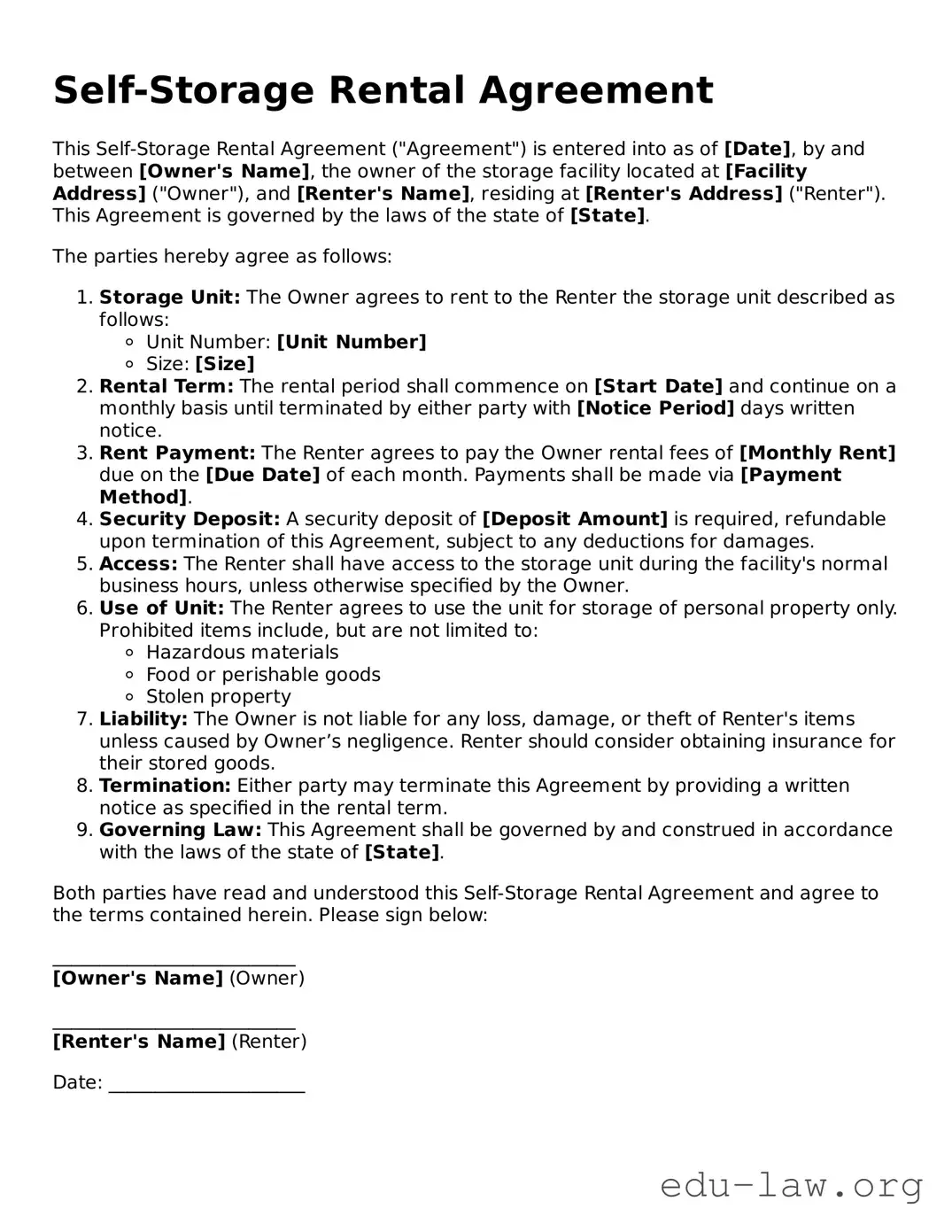 Self-Storage Rental Agreement Template