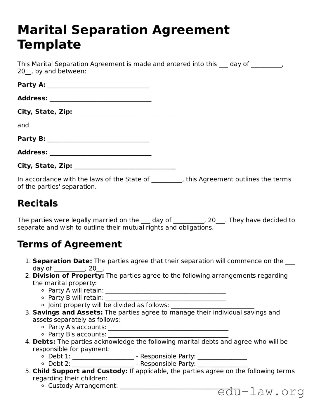 Marital Separation Agreement Template