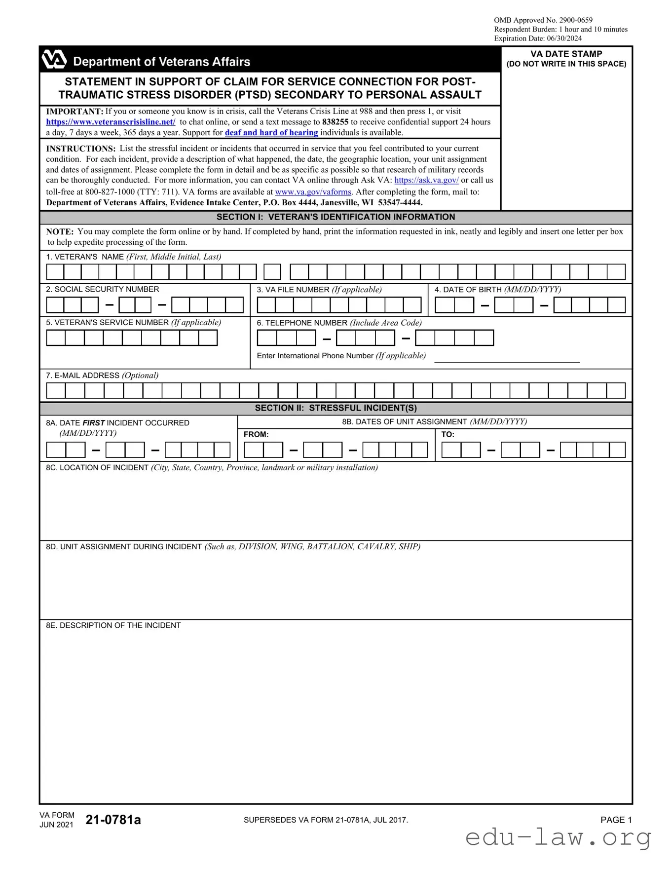 Fill in Your Va 21 0781A Template