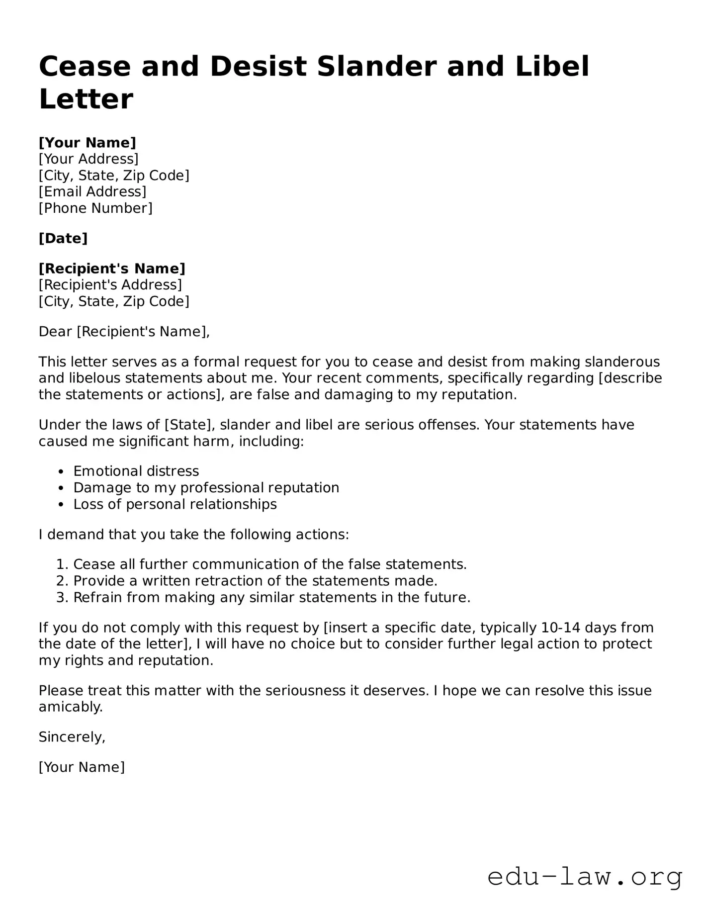 Cease and Desist Slander and Libel Letter Template