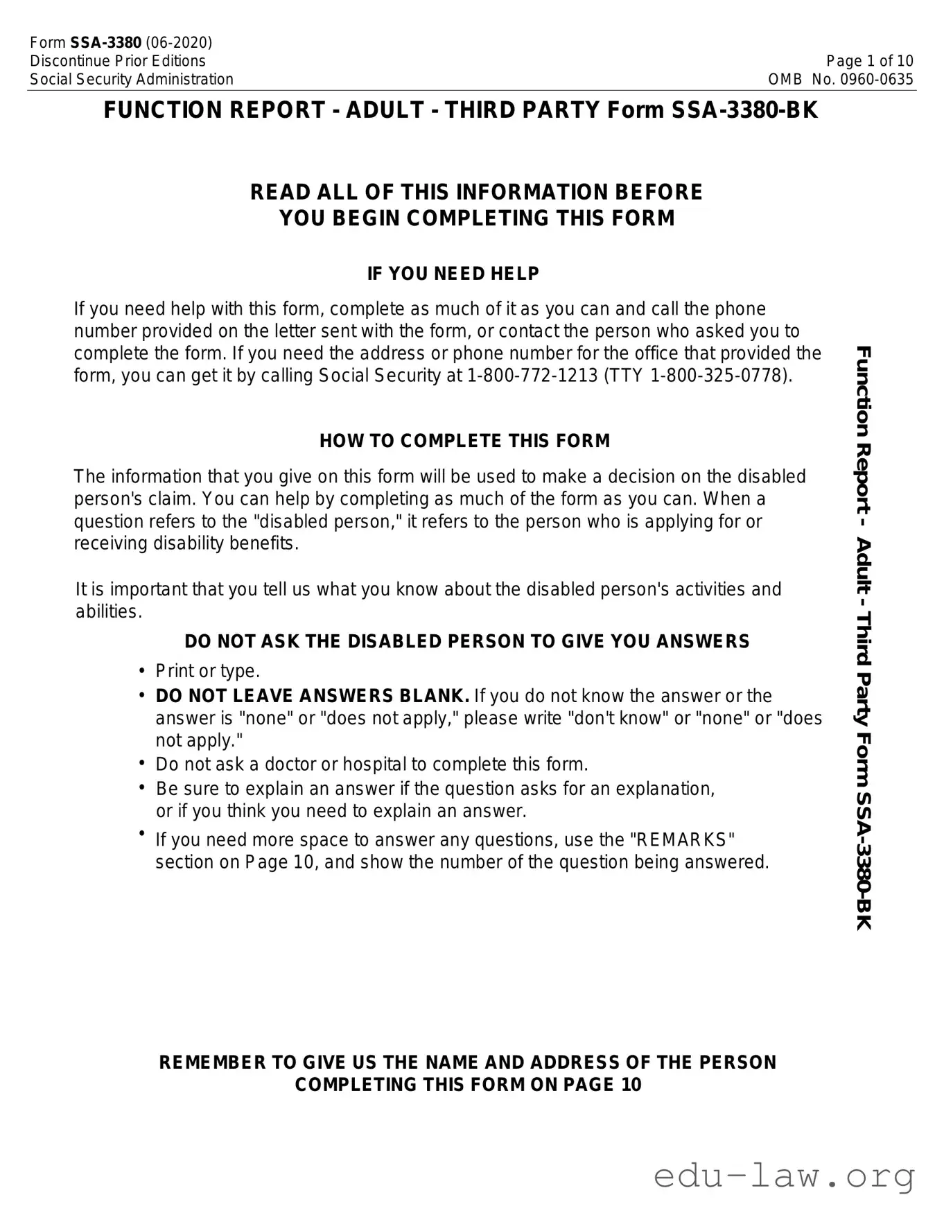 Fill in Your SSA SSA-3380-BK Template