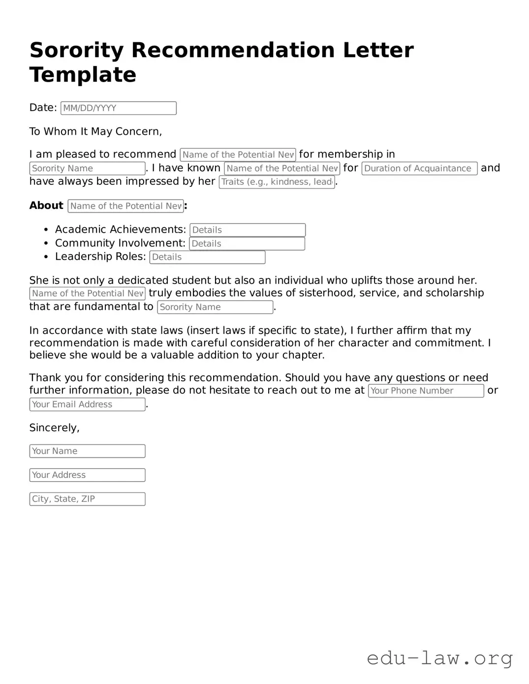 Sorority Recommendation Letter Template