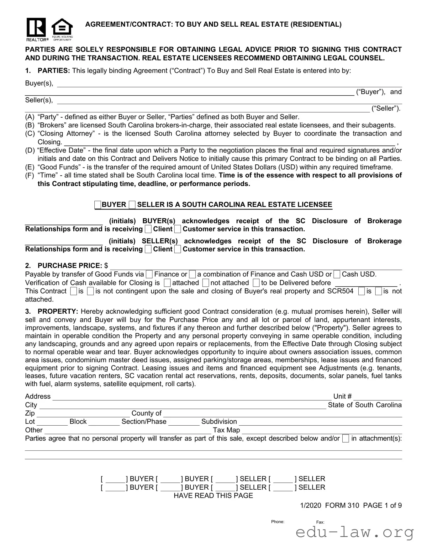 Fill in Your South Carolina Real Estate Contract 310 Template