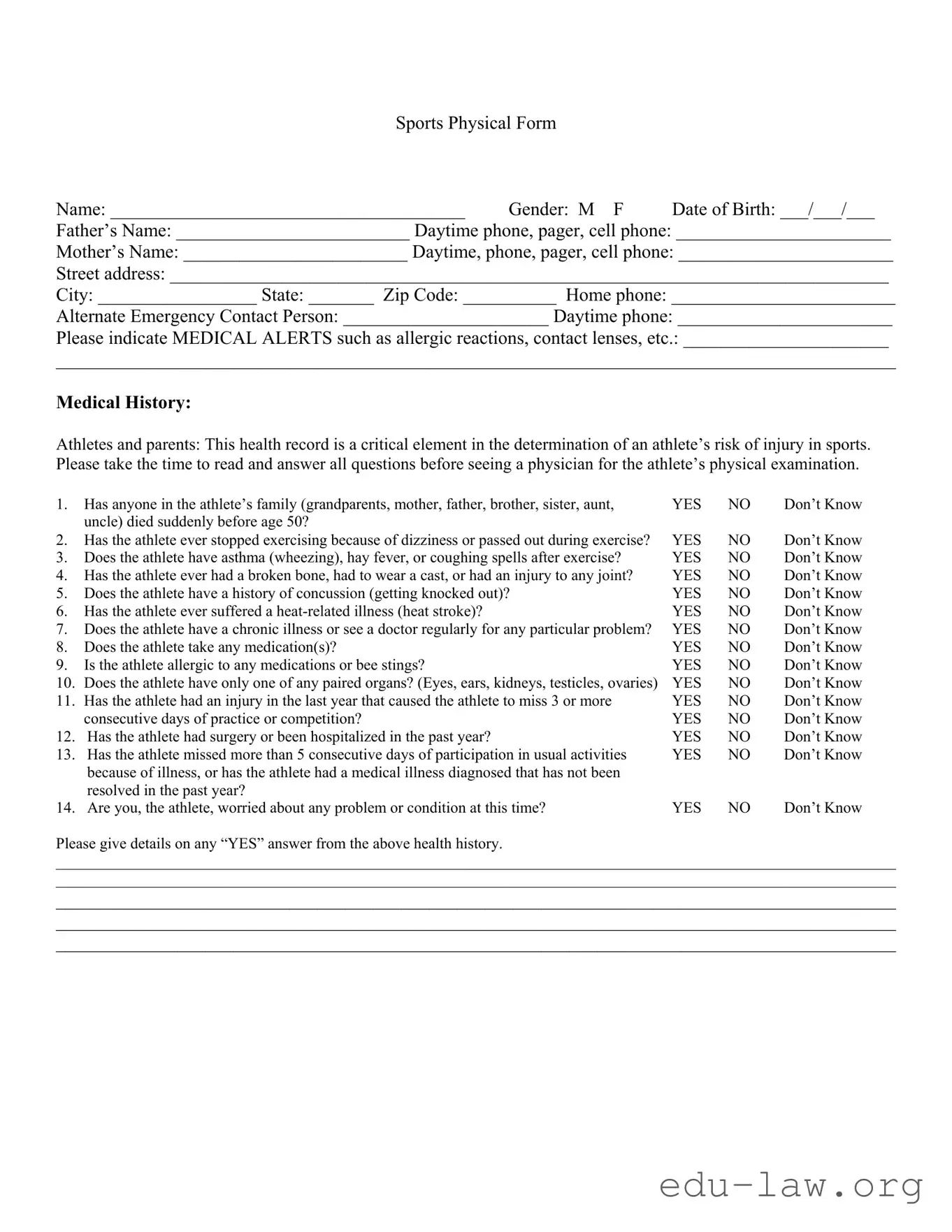 Fill in Your Sports Physical Template